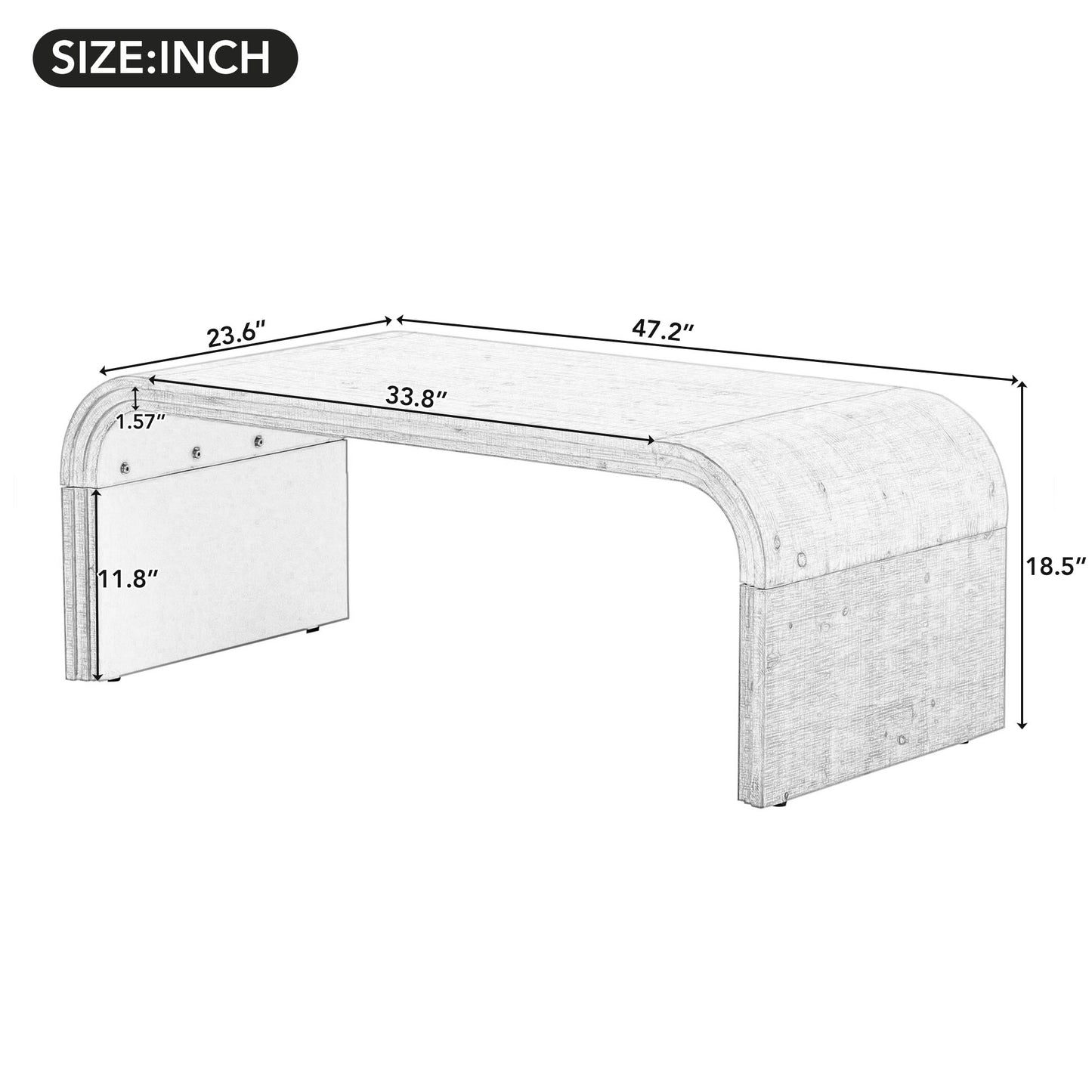 Modern waterfall coffee table with curved edges L x W x H