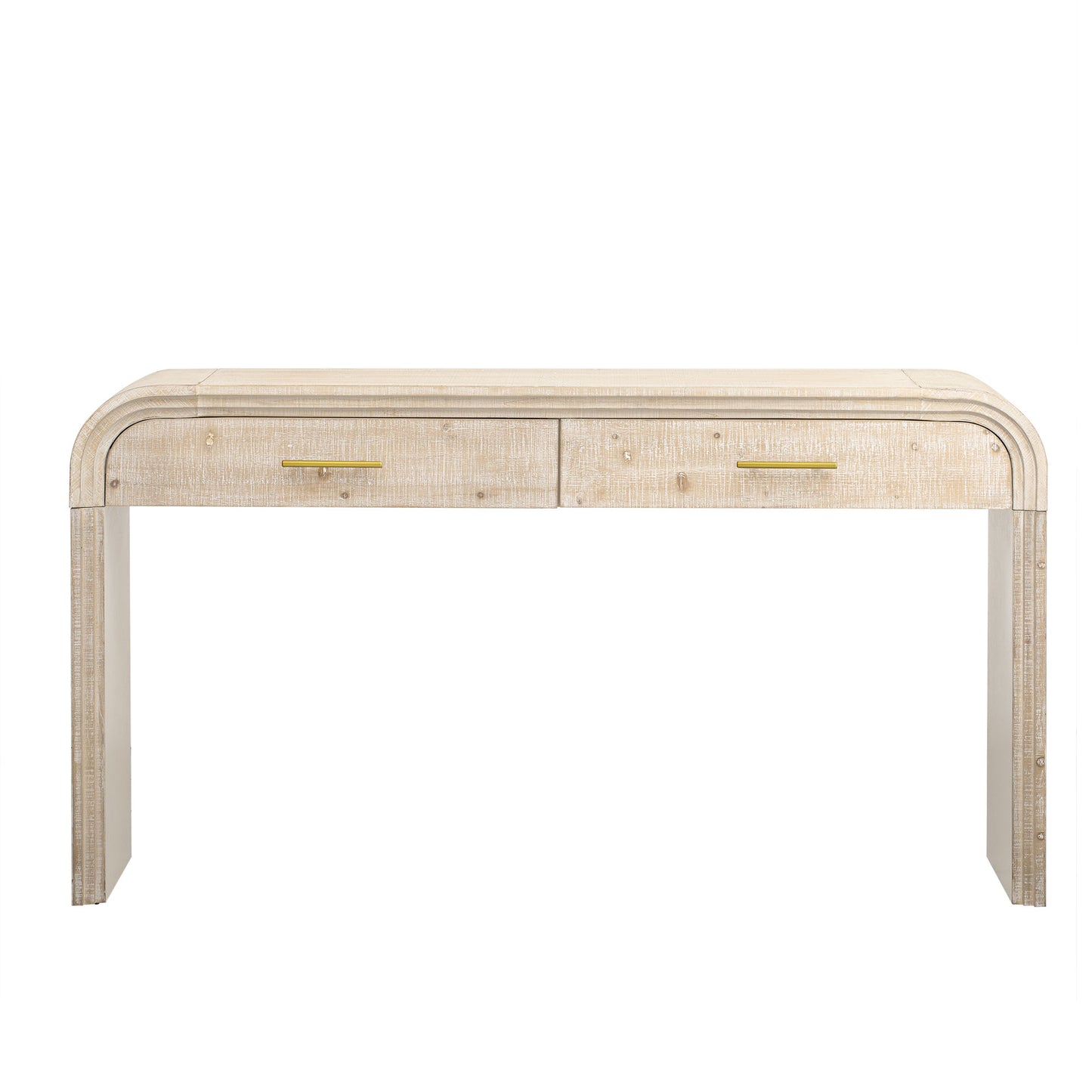 Light wood console table with two drawers and brass pulls