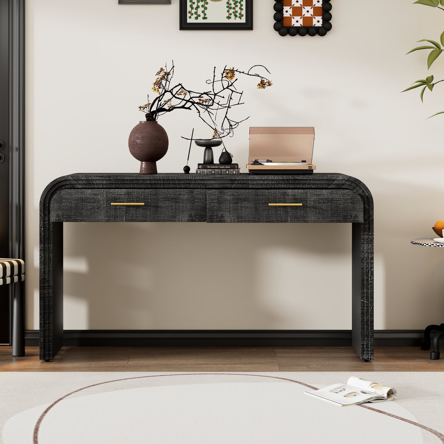 Dark grey textured entryway console table with gold handles