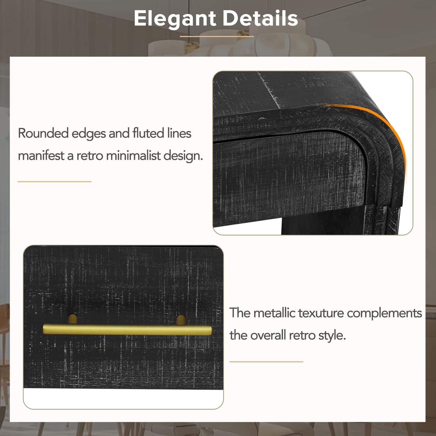Black distressed wood nightstand with gold hardware detail