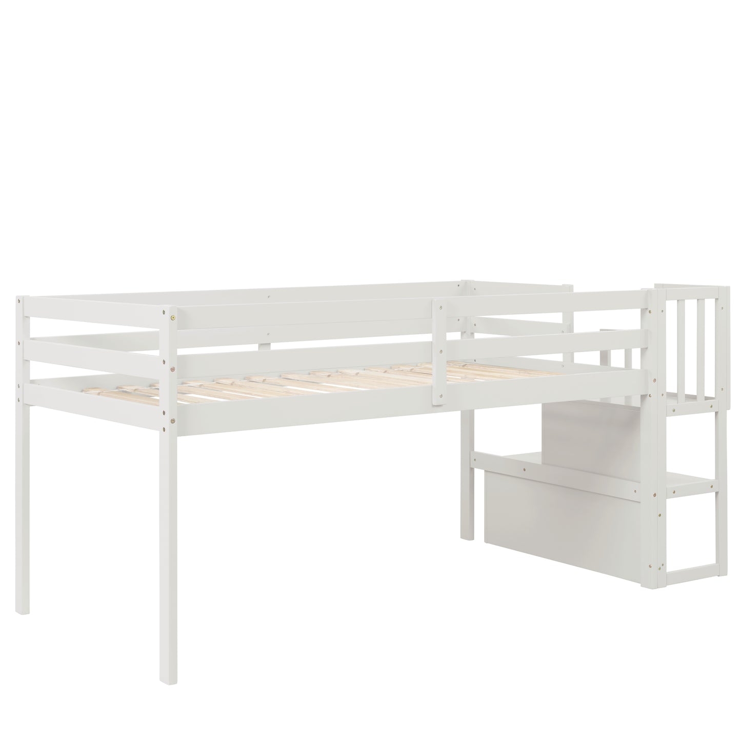 White wooden loft bed with integrated storage drawers and stairs for kids