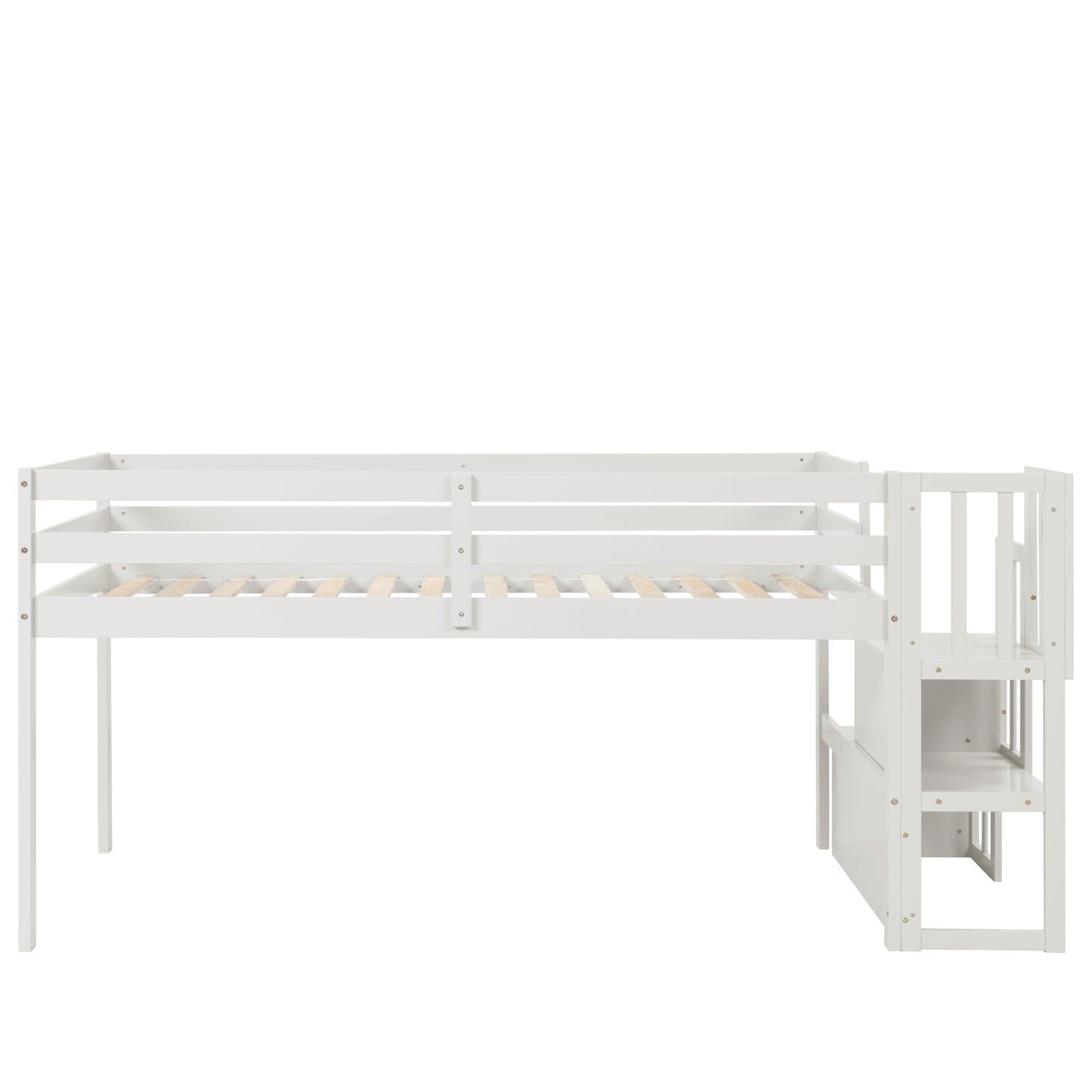 White wooden loft bed with integrated steps and storage shelves for kids