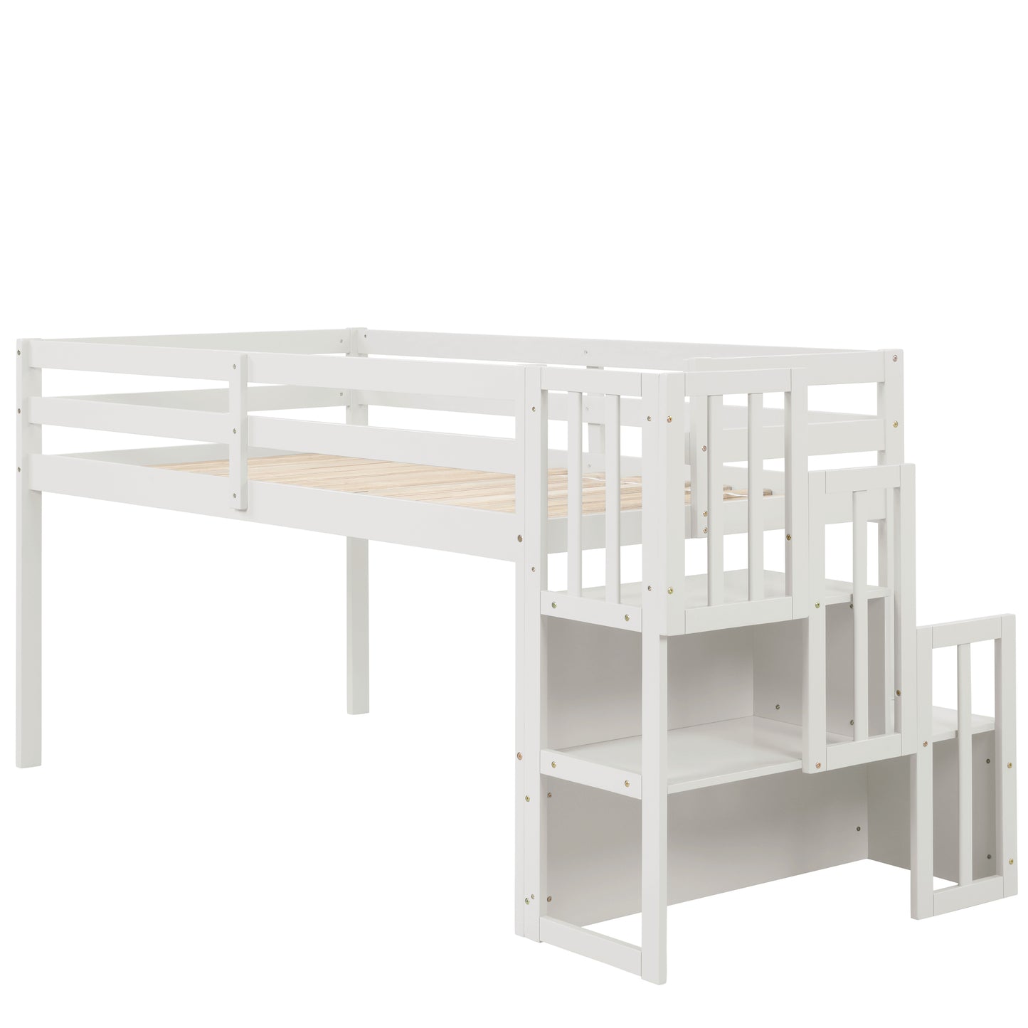 White wooden loft bed with integrated stairs and shelves
