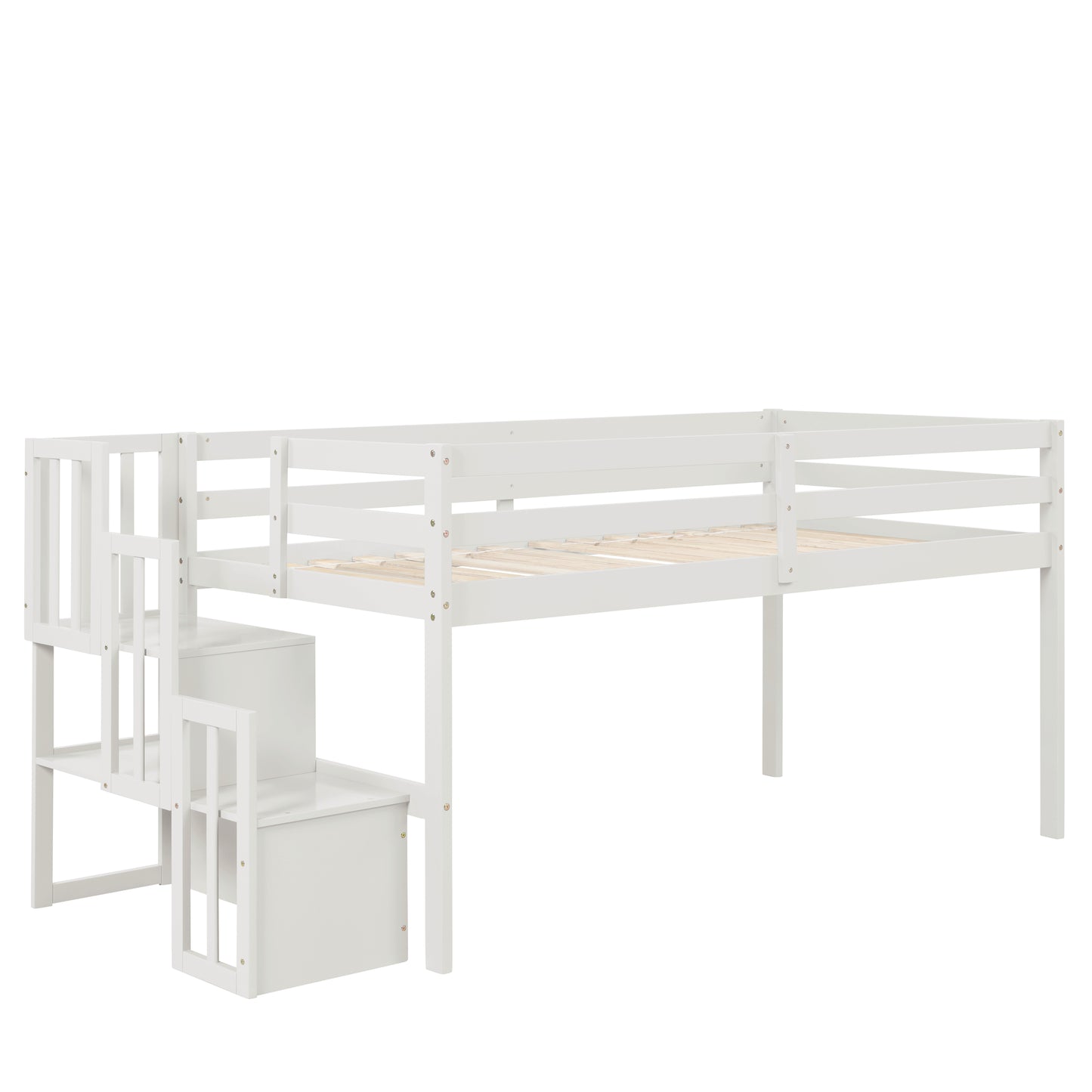 White wooden loft bed with integrated steps and storage