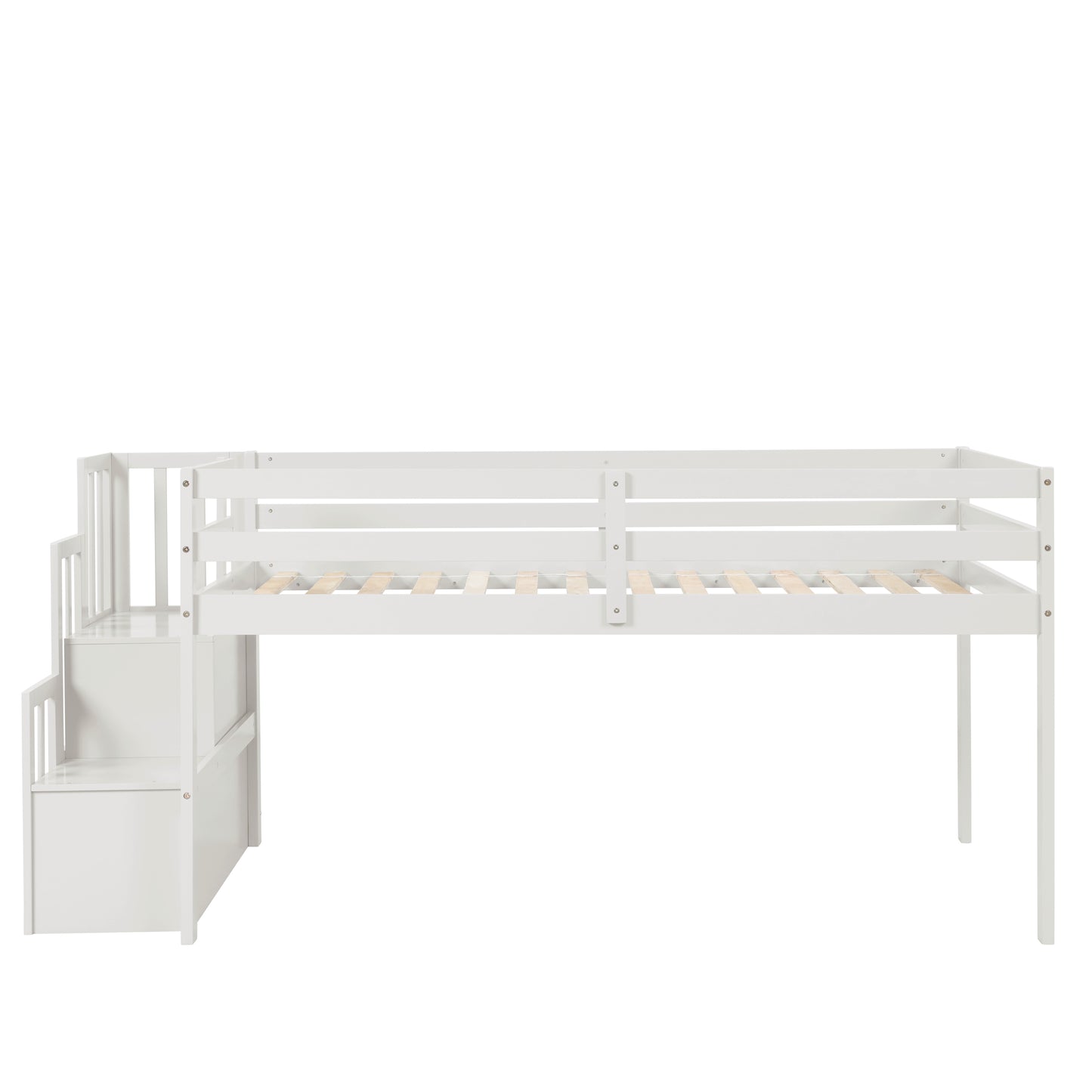 White wooden loft bed with integrated stairs and storage