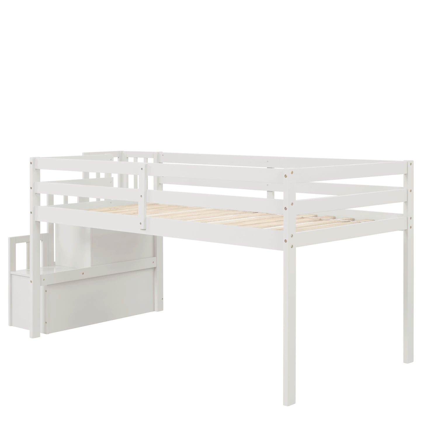 White wooden loft bed with attached staircase and storage drawers