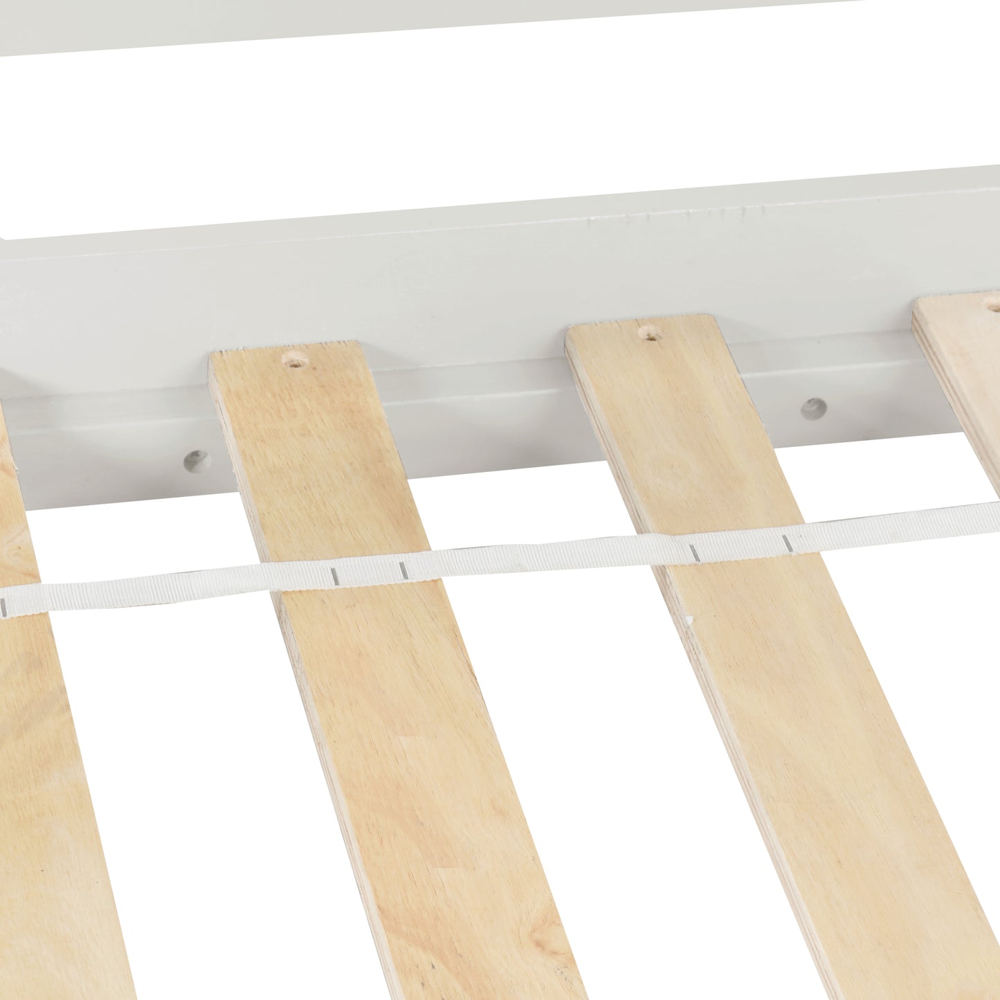 White bed frame with natural wood slats