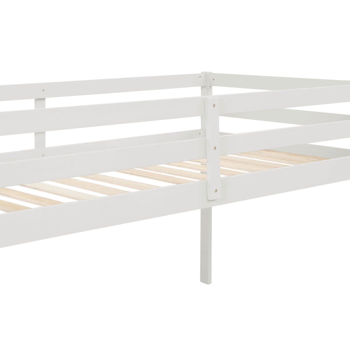 White wooden bunk bed frame with slatted base