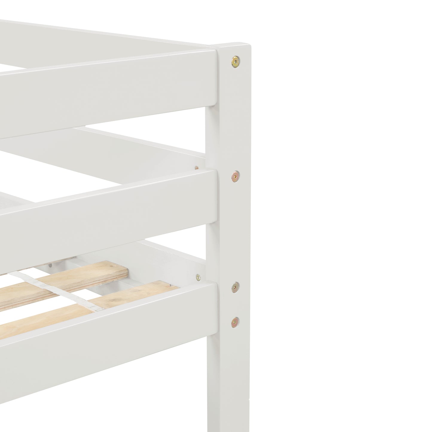 Closeup of a white wooden bunk bed frame with visible screws and slats