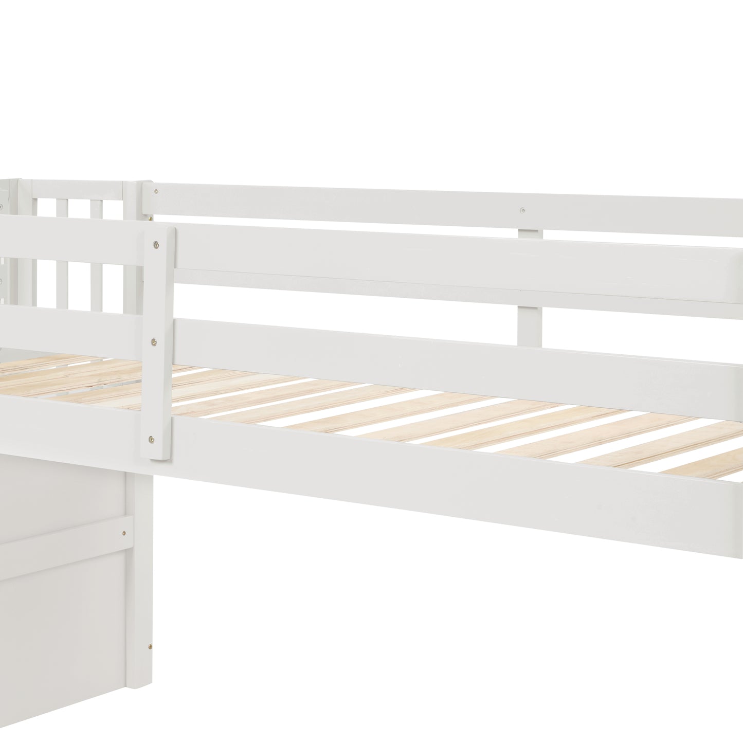 White wooden bunk bed frame with slatted base