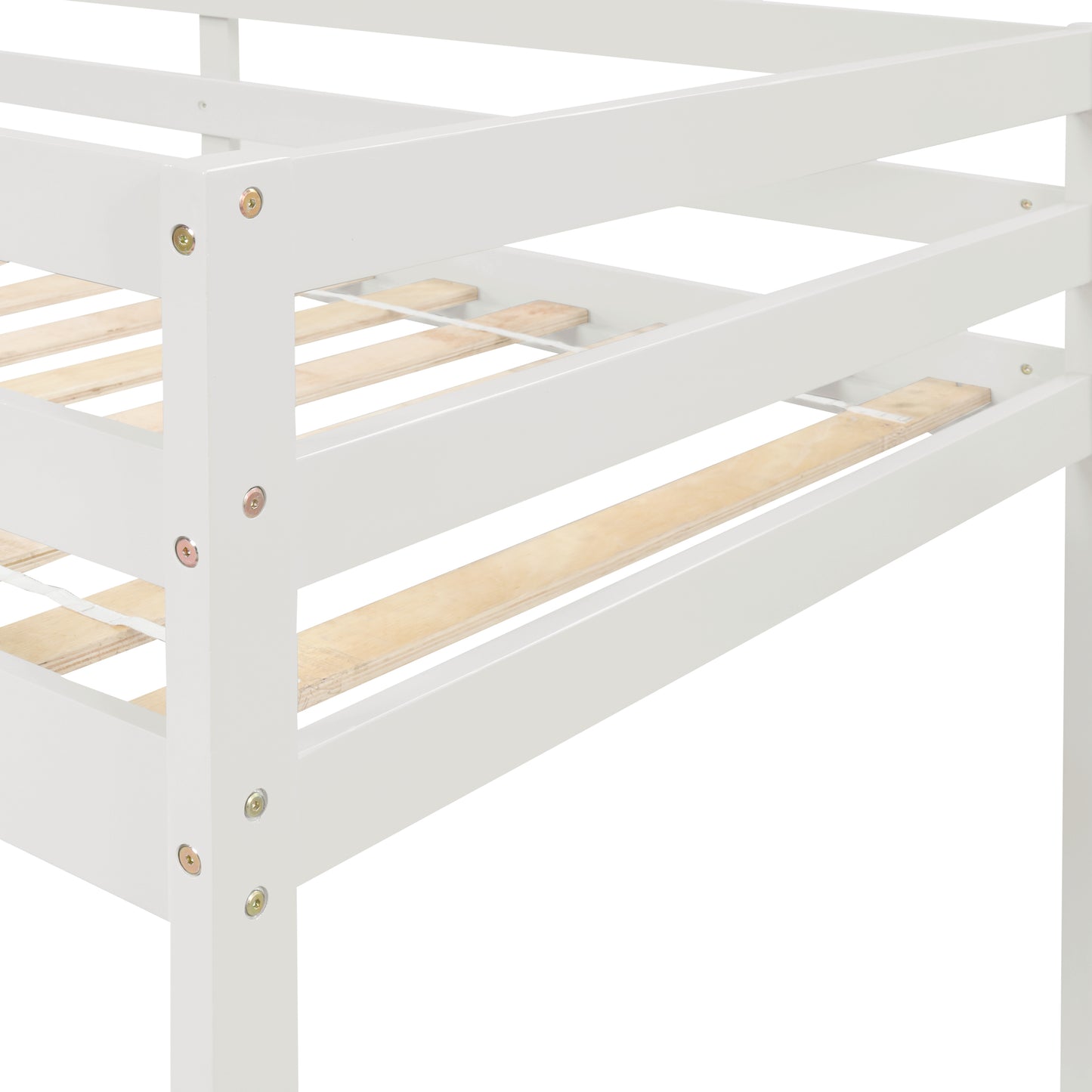 Closeup of white wooden bunk bed frame with visible screws and slats