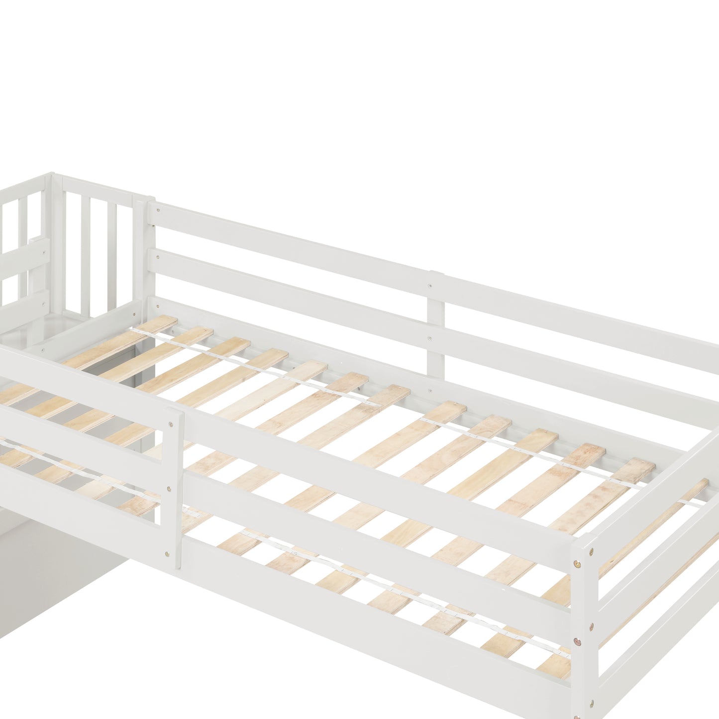White twin loft bed frame with slatted base