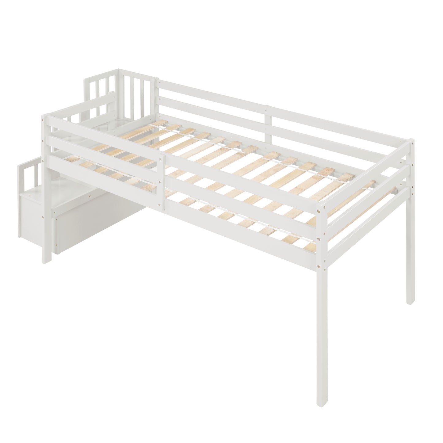 White wooden loft bed with attached stairs and guardrails