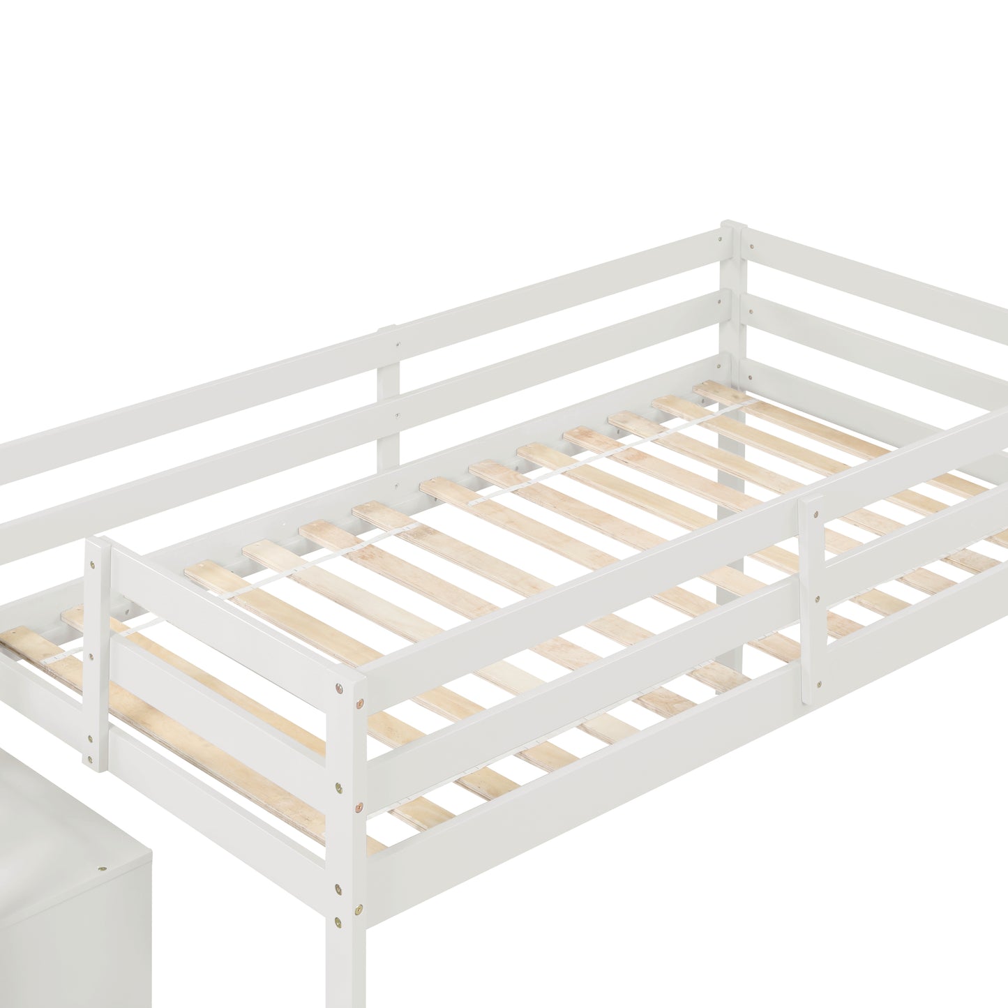 White wooden bunk bed frame with slatted base