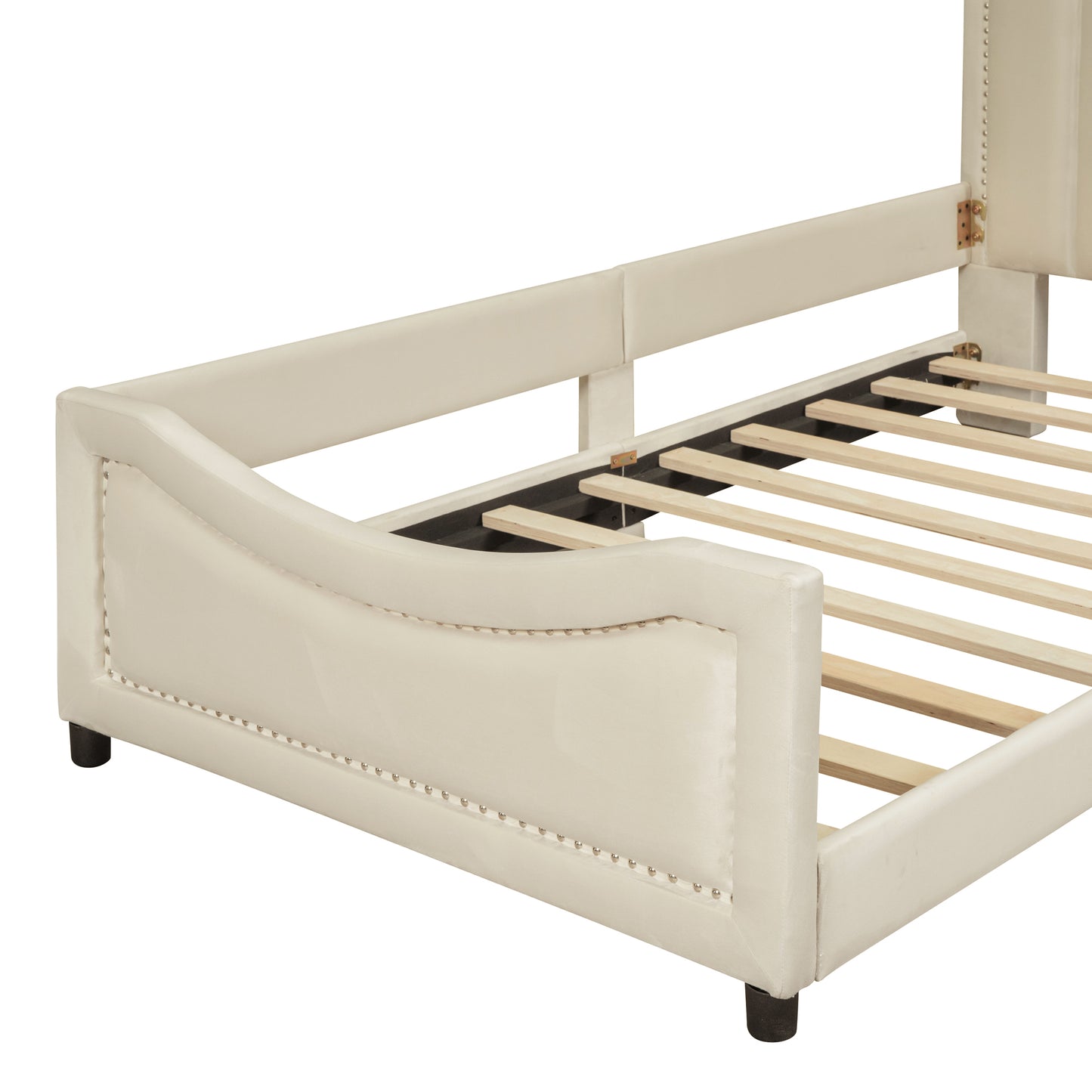 Cream upholstered bed frame with nailhead trim and wooden slats