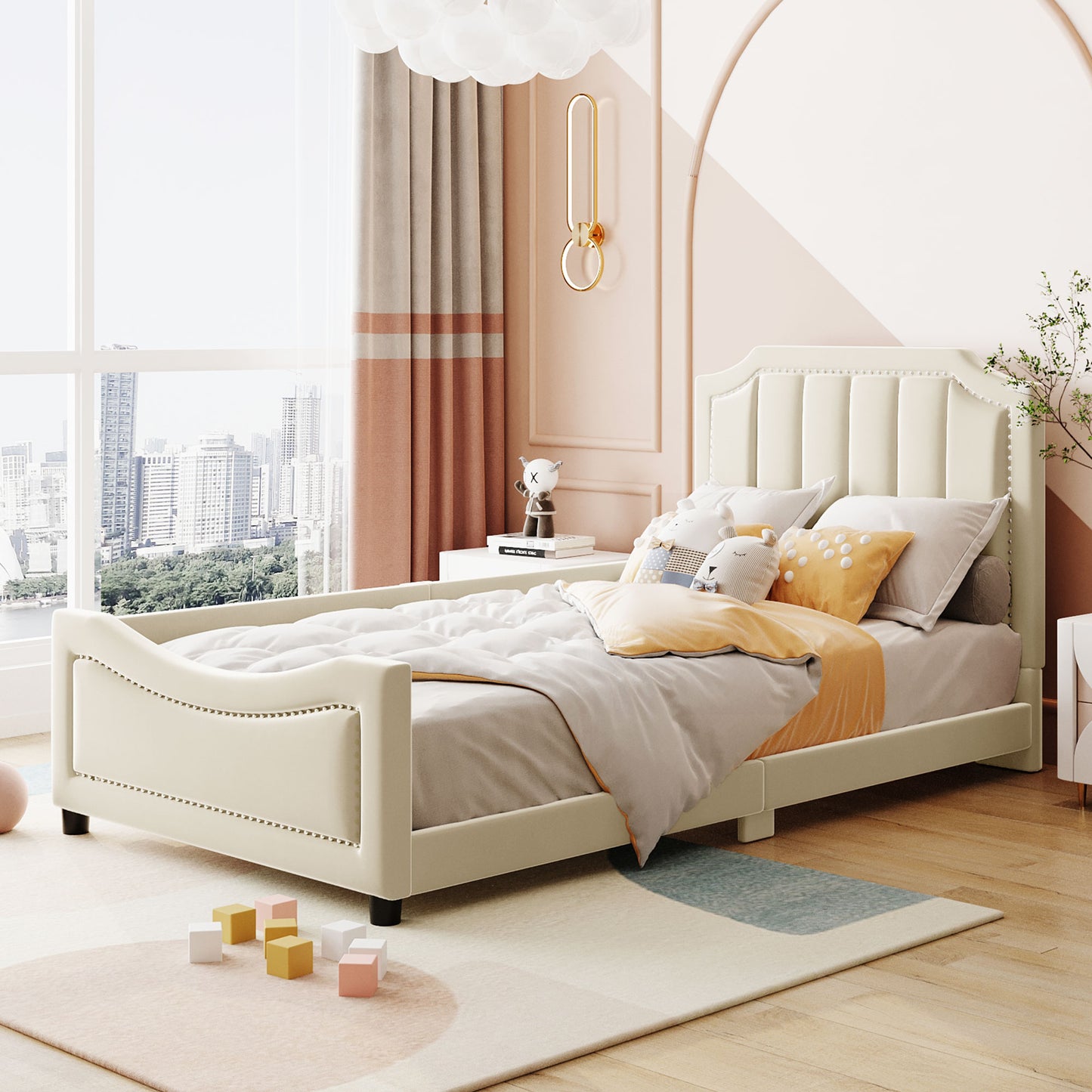 Cream velvet upholstered twin bed with tufted headboard