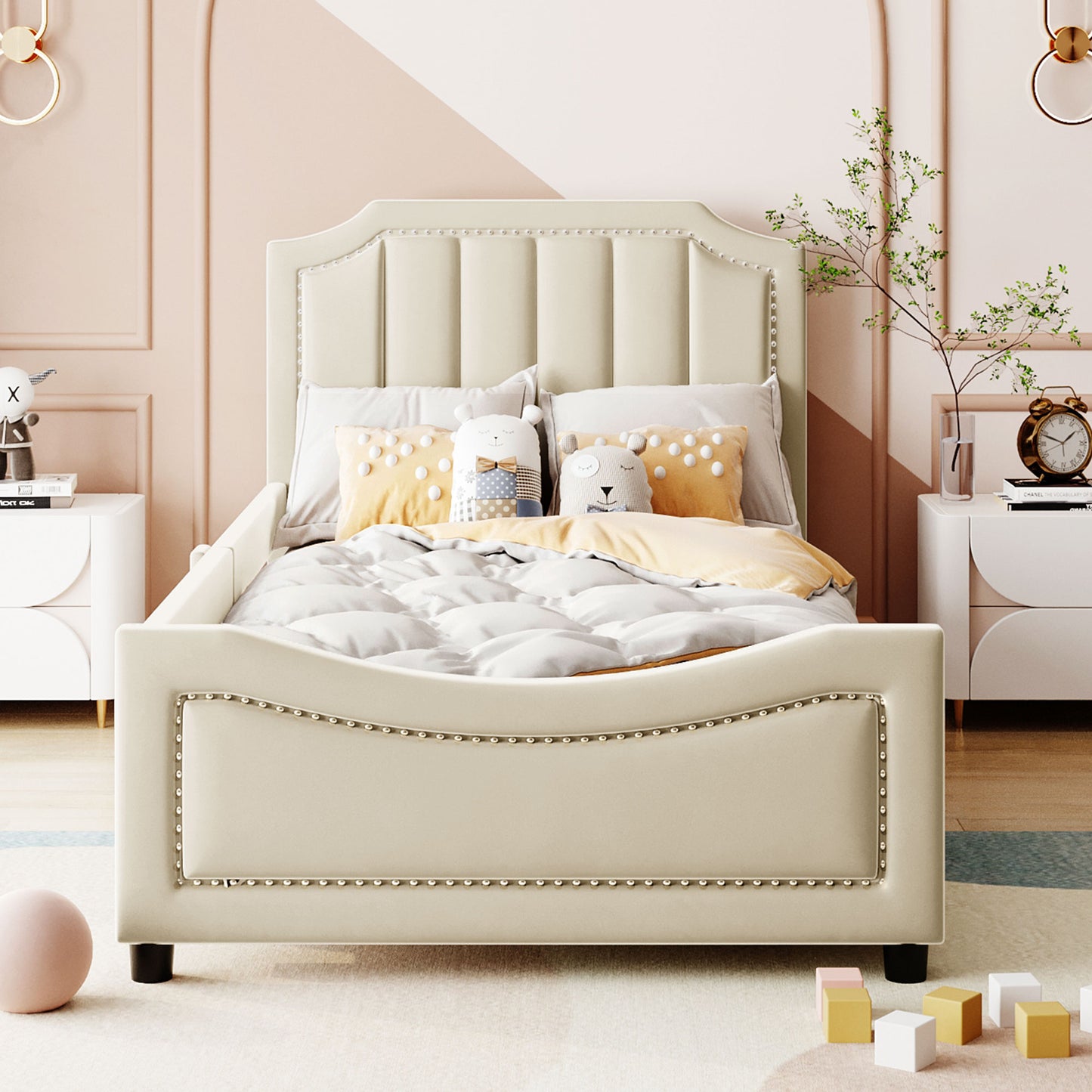 Cream upholstered twin bed with tufted headboard