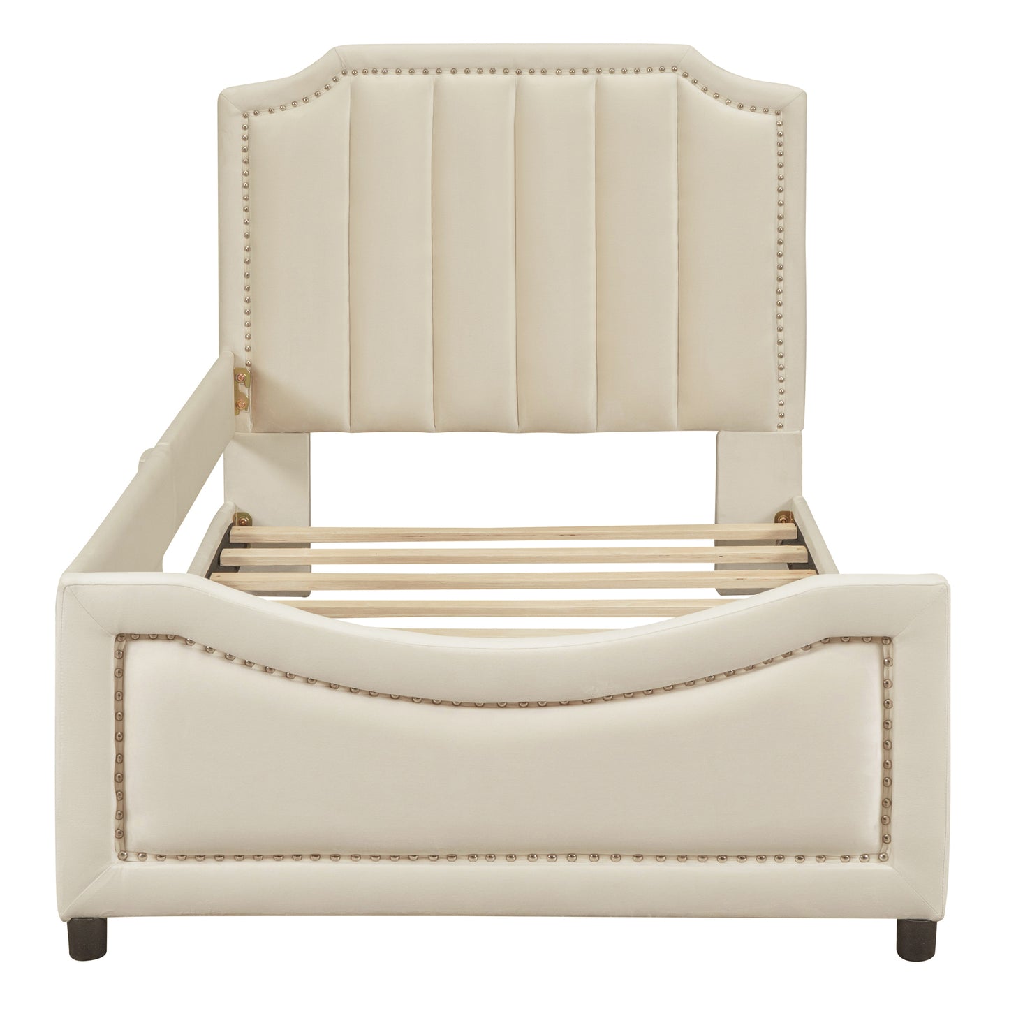 Cream velvet tufted bed frame with silver nailhead trim