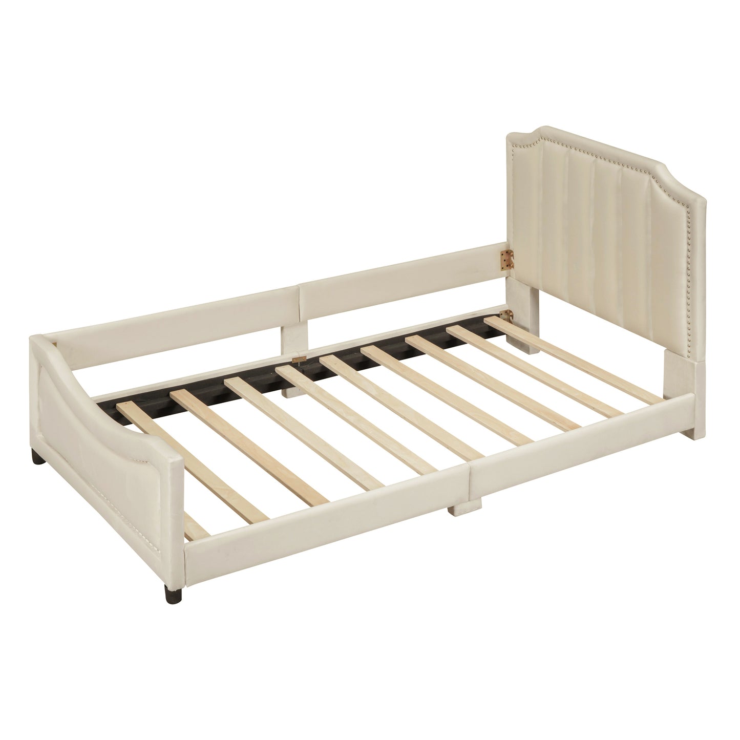 Cream velvet daybed frame with tufted headboard and wooden slats