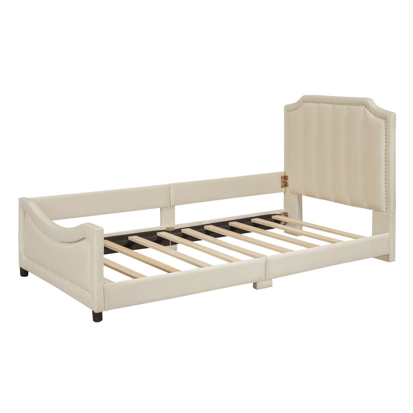 Cream upholstered daybed frame with tufted headboard and side rails perfect for a guest room or living area