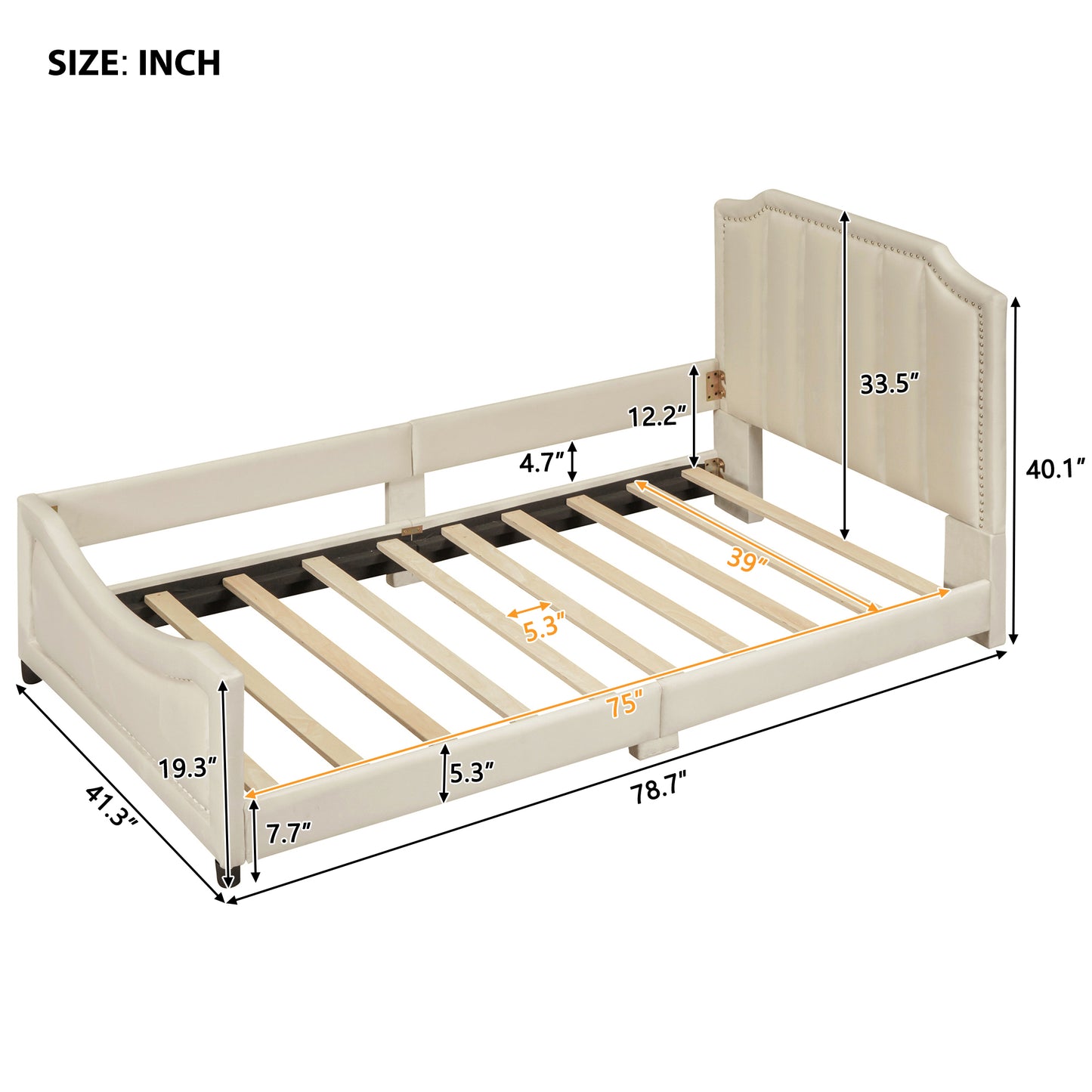 Cream upholstered twin bed frame with studded headboard