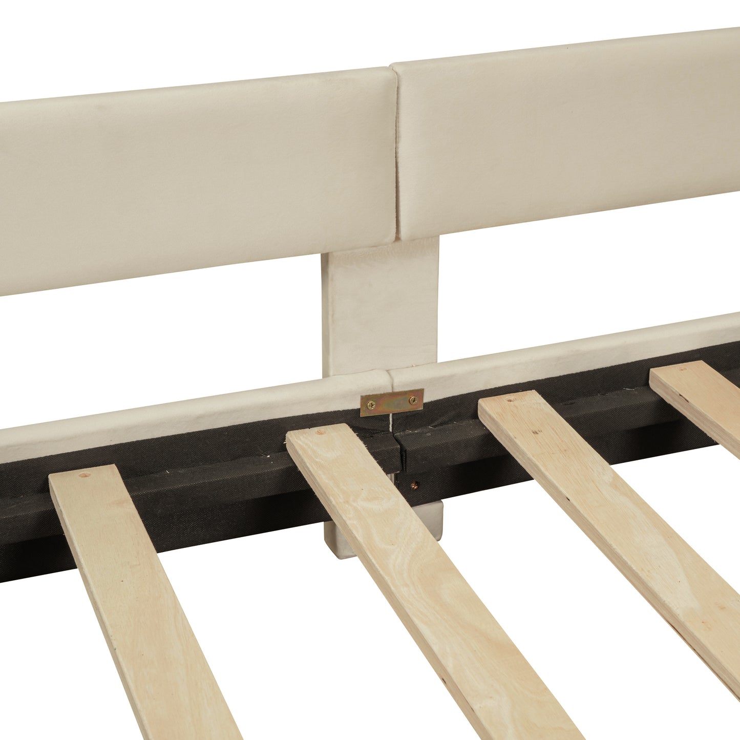 Cream upholstered bed frame detail with wooden slats