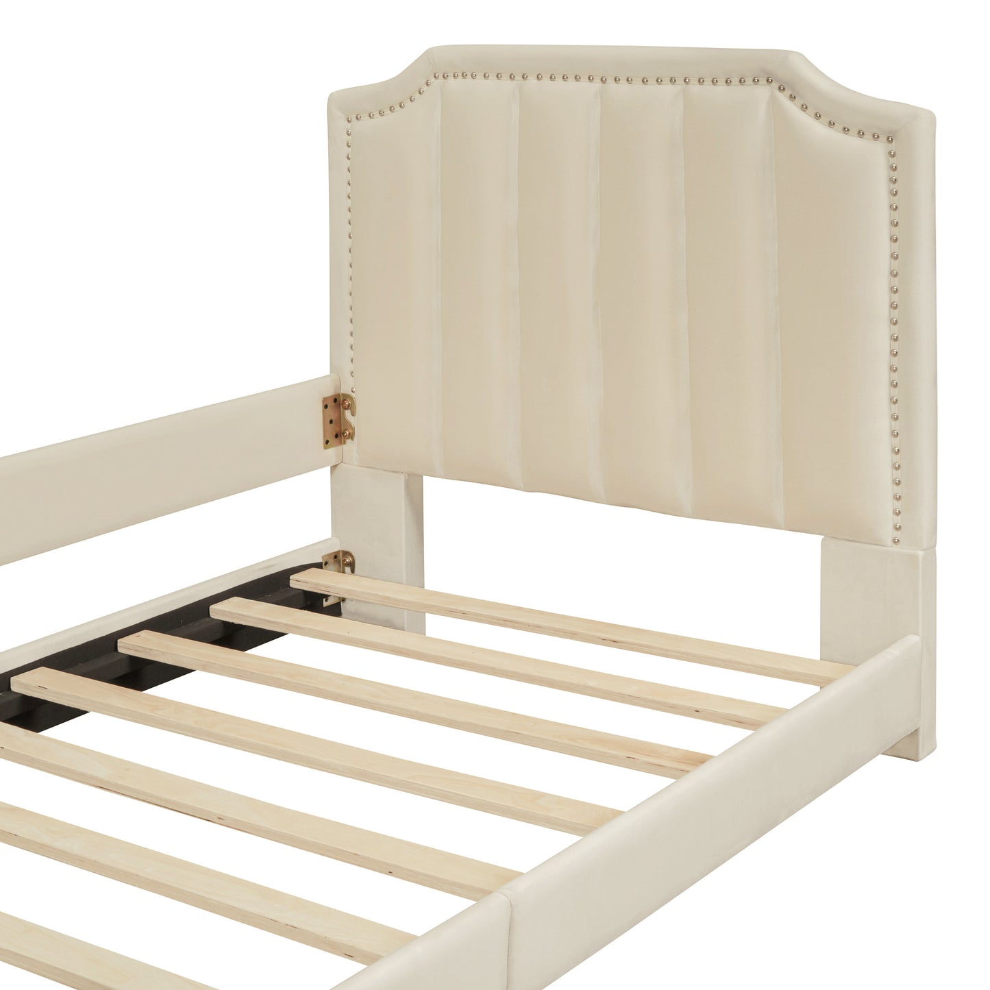 Cream upholstered bed frame with button tufted headboard detail