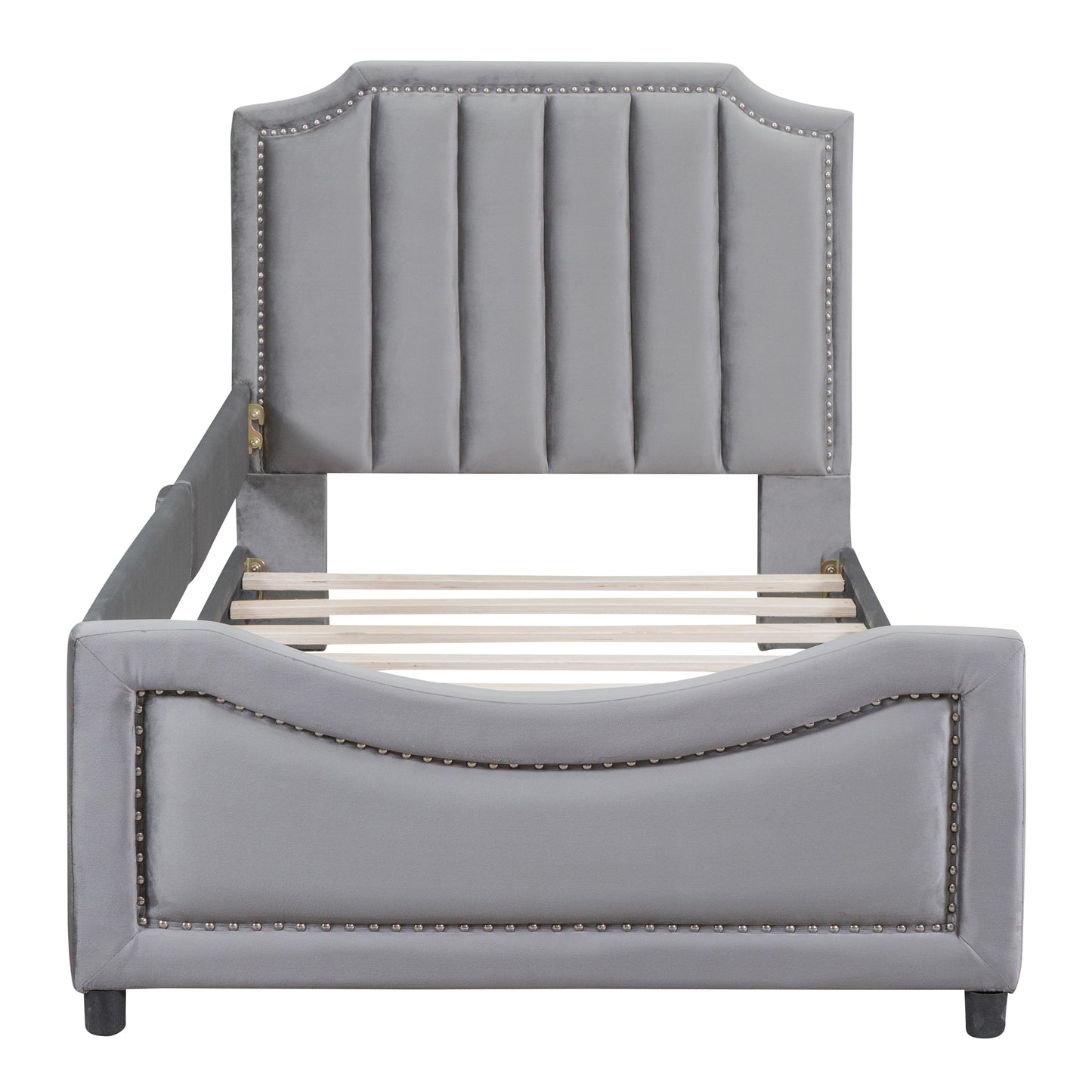 Grey velvet king bed frame with channel tufting and nailhead trim