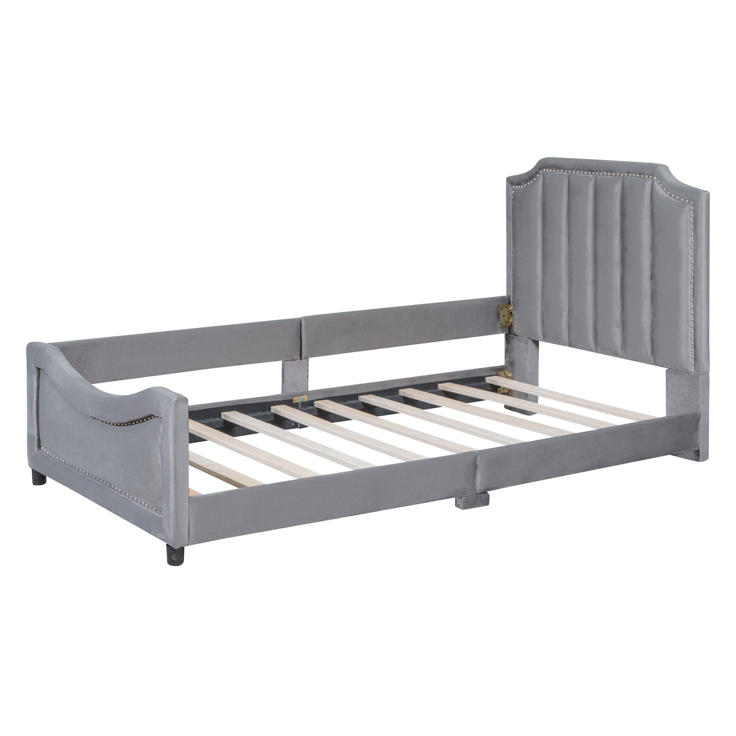 Grey velvet channeltufted daybed frame with nailhead trim and wooden slats
