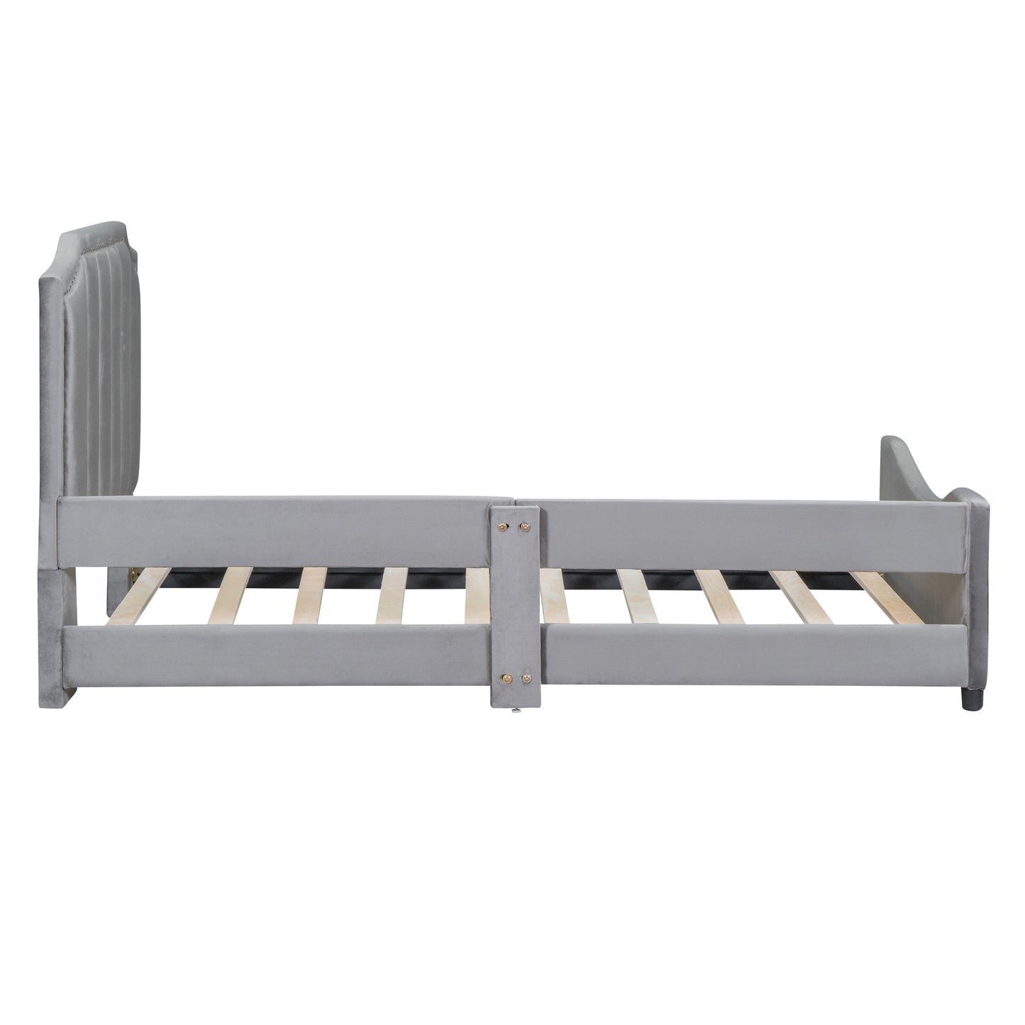 Grey velvet twin bed frame with tufted headboard and slatted base