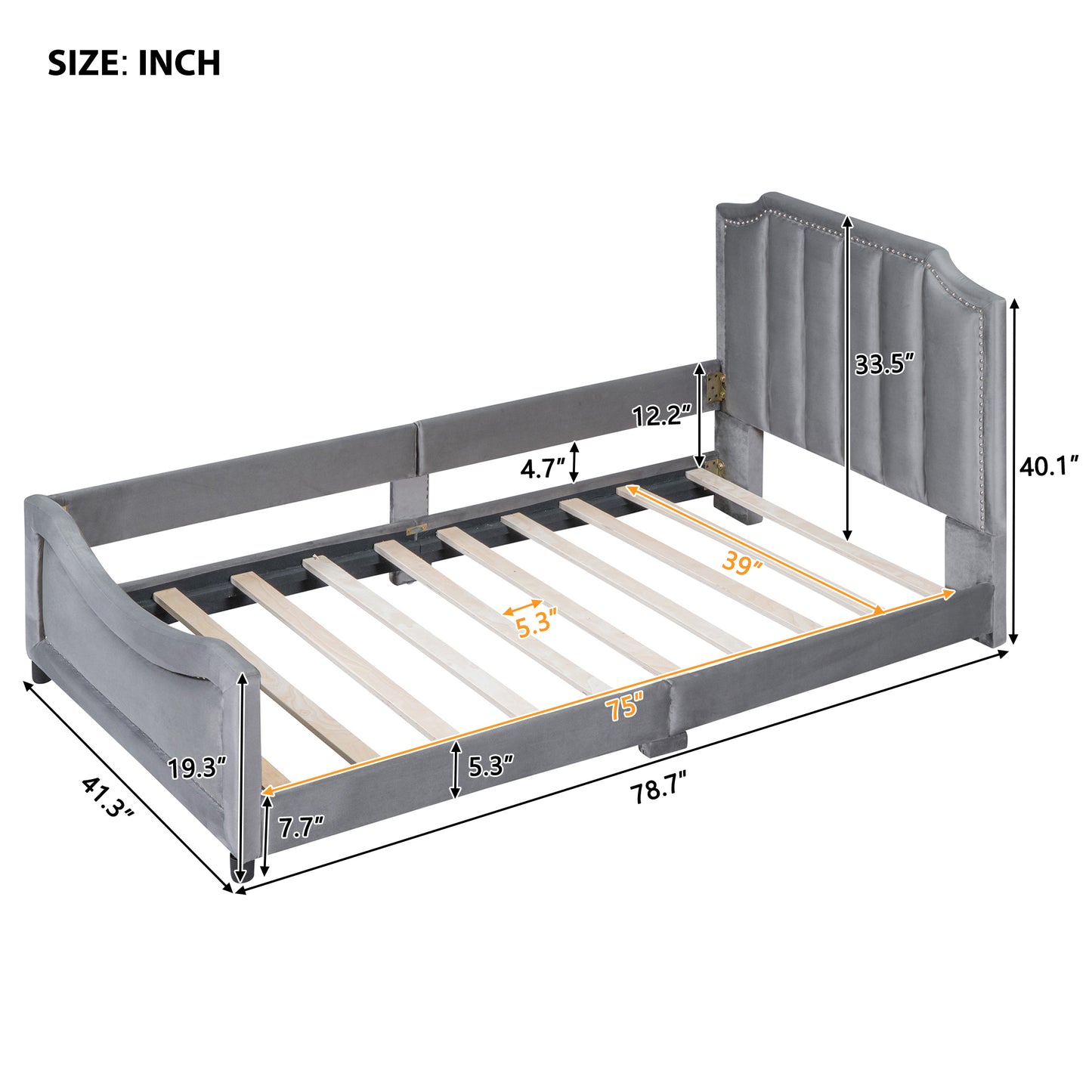 Gray velvet daybed frame with studded headboard and wooden slats