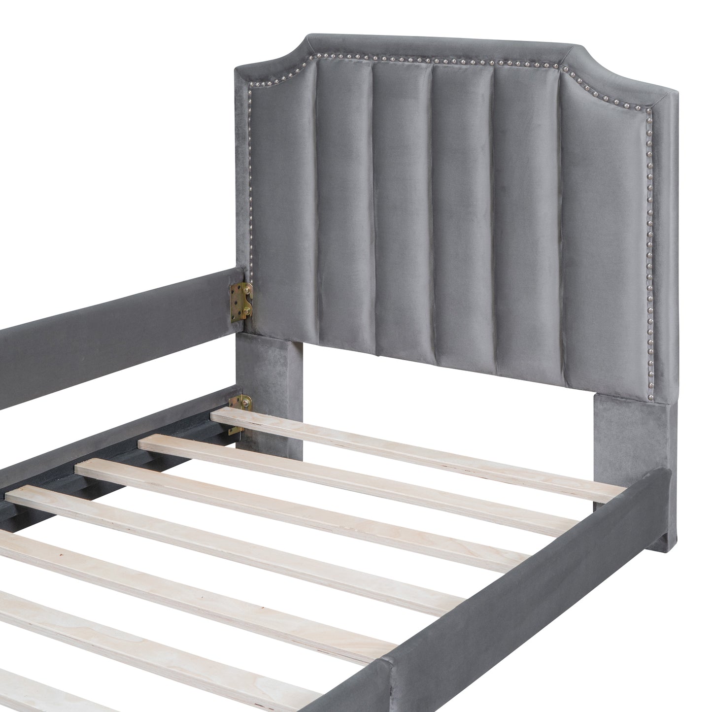 Gray velvet upholstered bed frame headboard with button tufting and nailhead trim