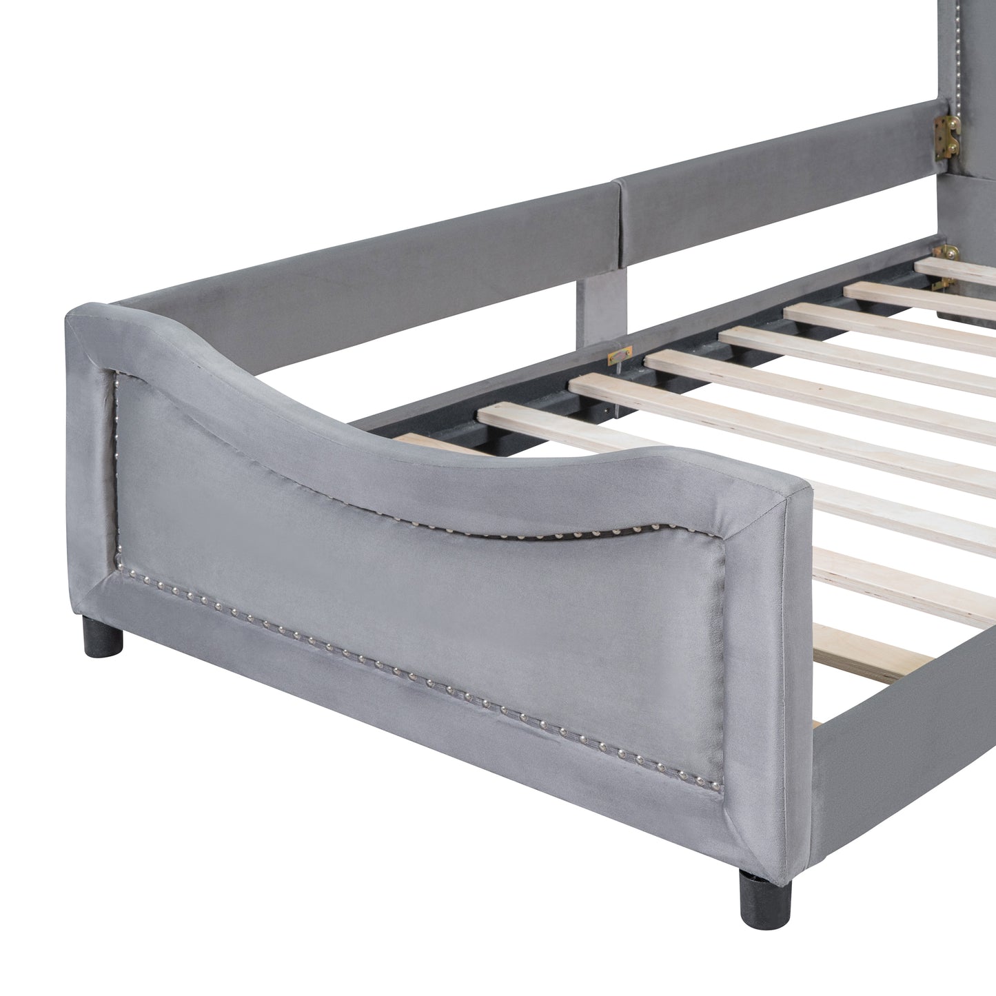 Grey velvet daybed with studded trim and wooden slats