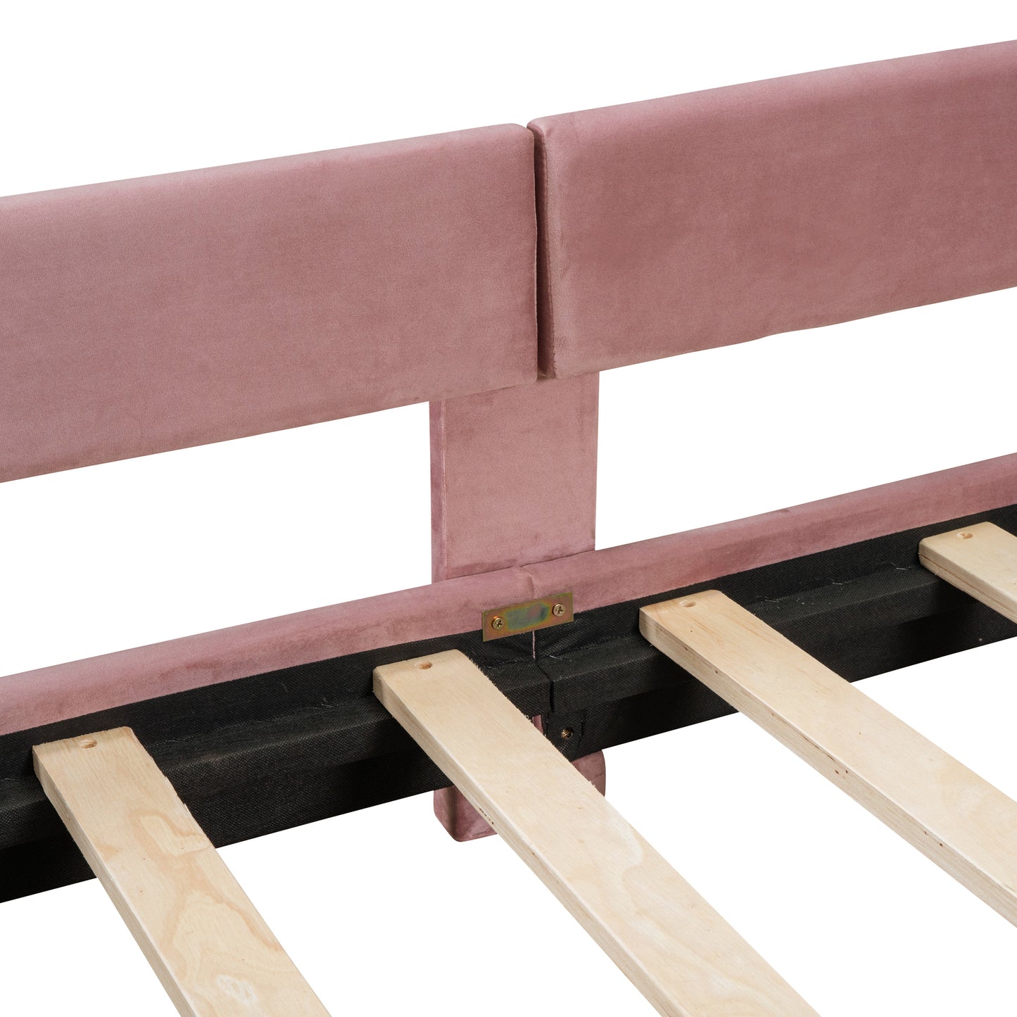 Pink velvet upholstered bed frame with wooden slats for mattress support