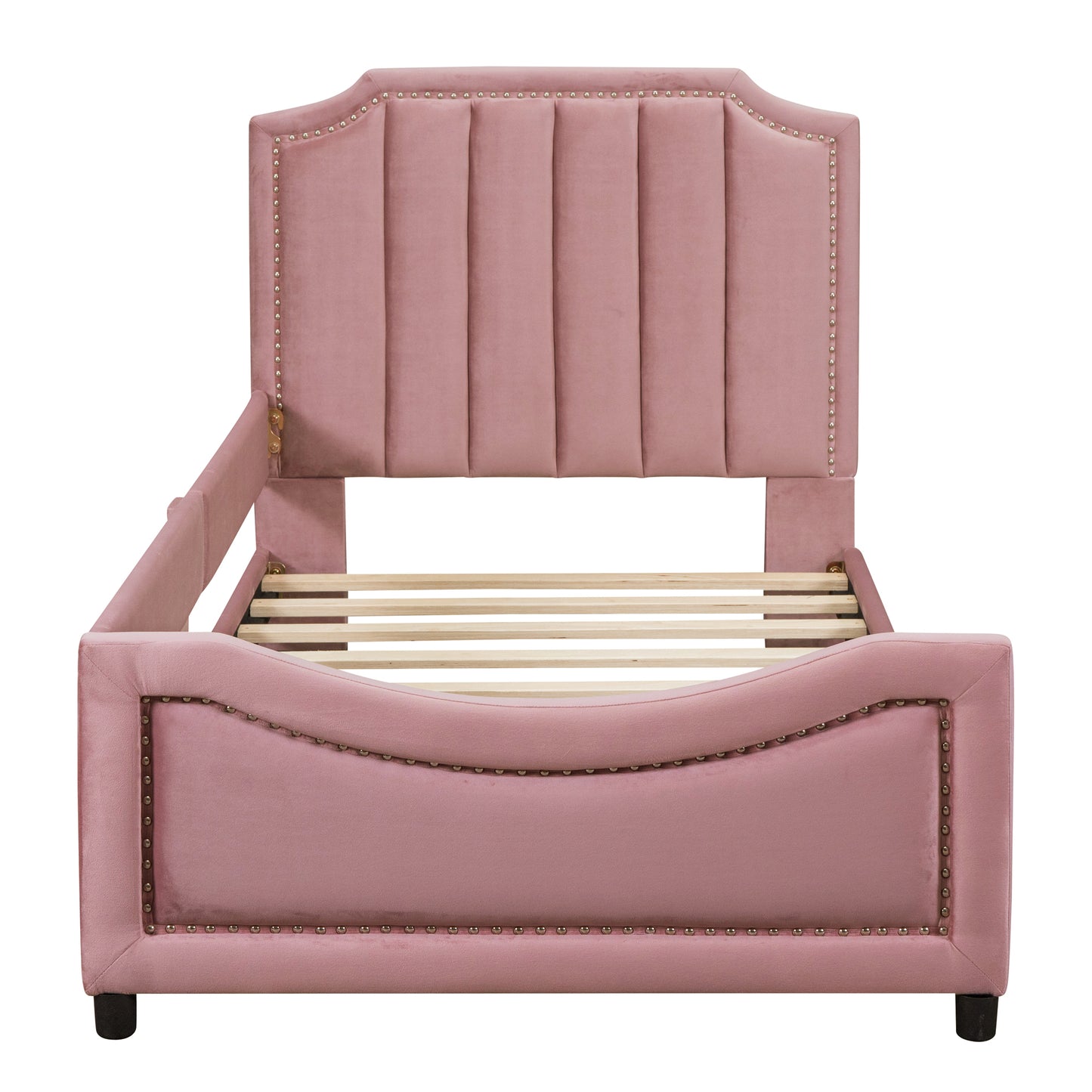 Pink velvet bed frame with tufted headboard and silver nailhead trim