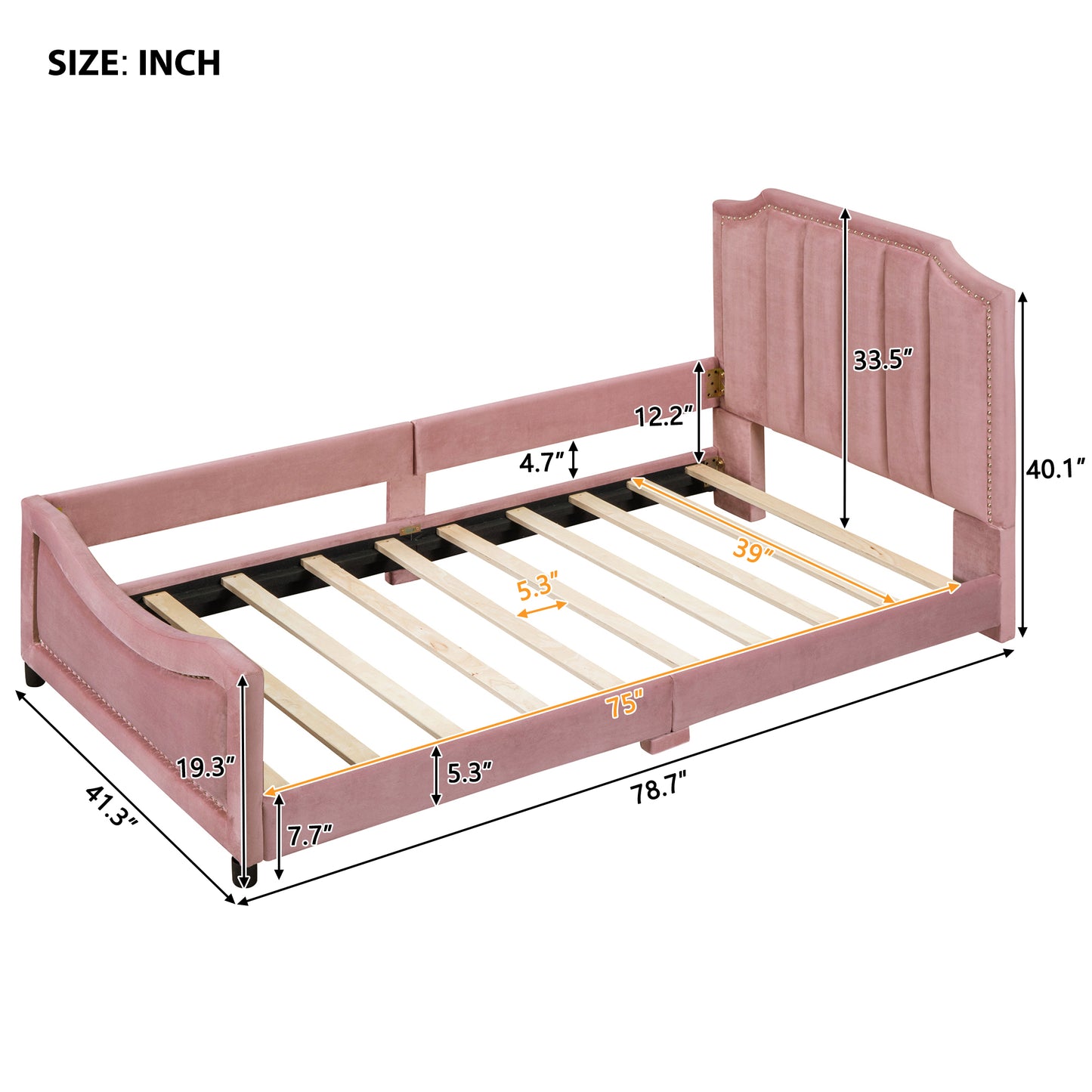 Pink velvet daybed with tufted headboard and footboard