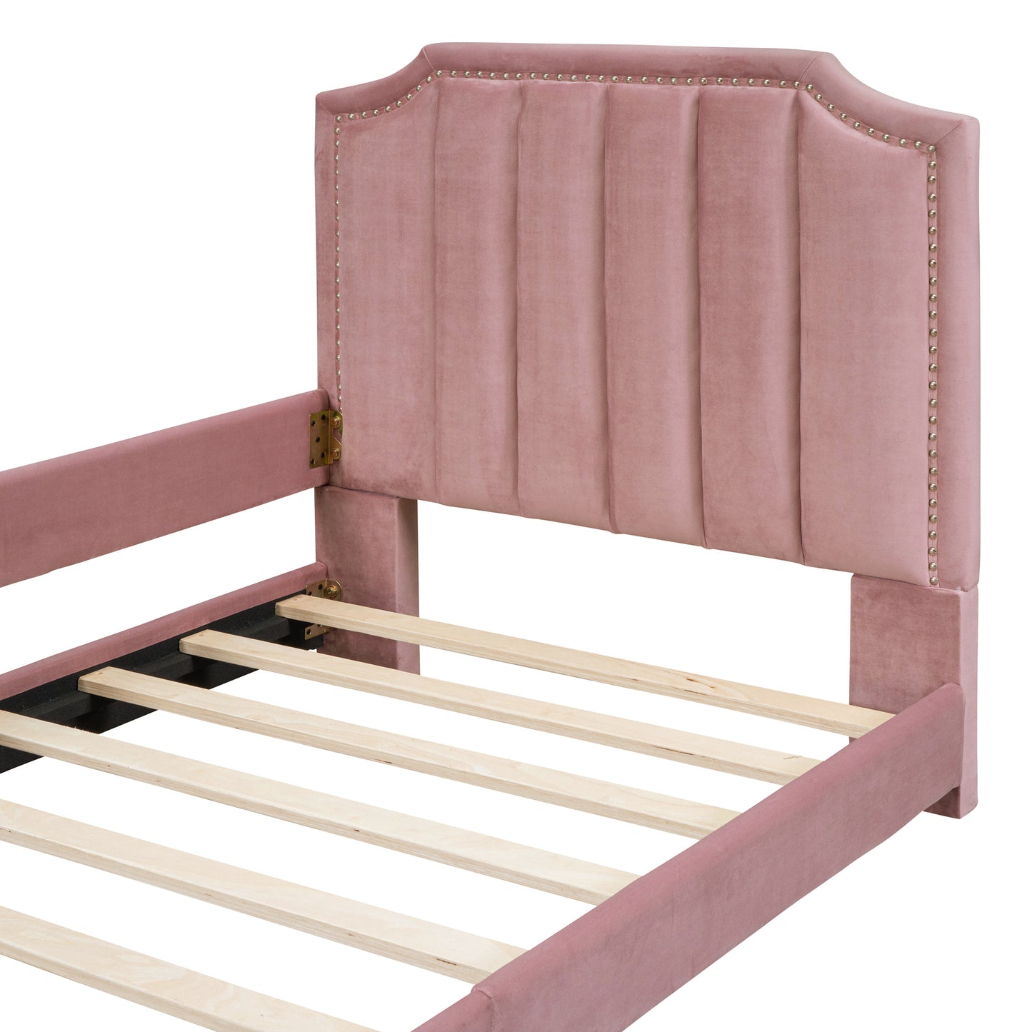 Pink velvet twin bed frame with diamond tufting and gold nailhead trim