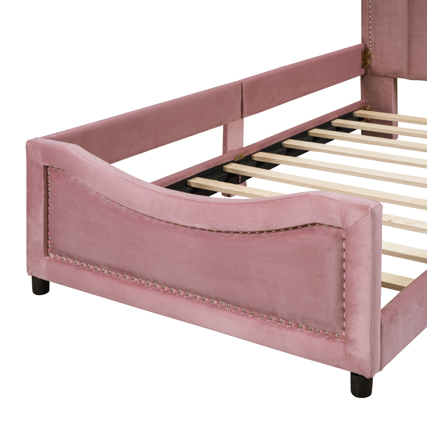 Pink velvet bed frame with tufted headboard and wooden slats