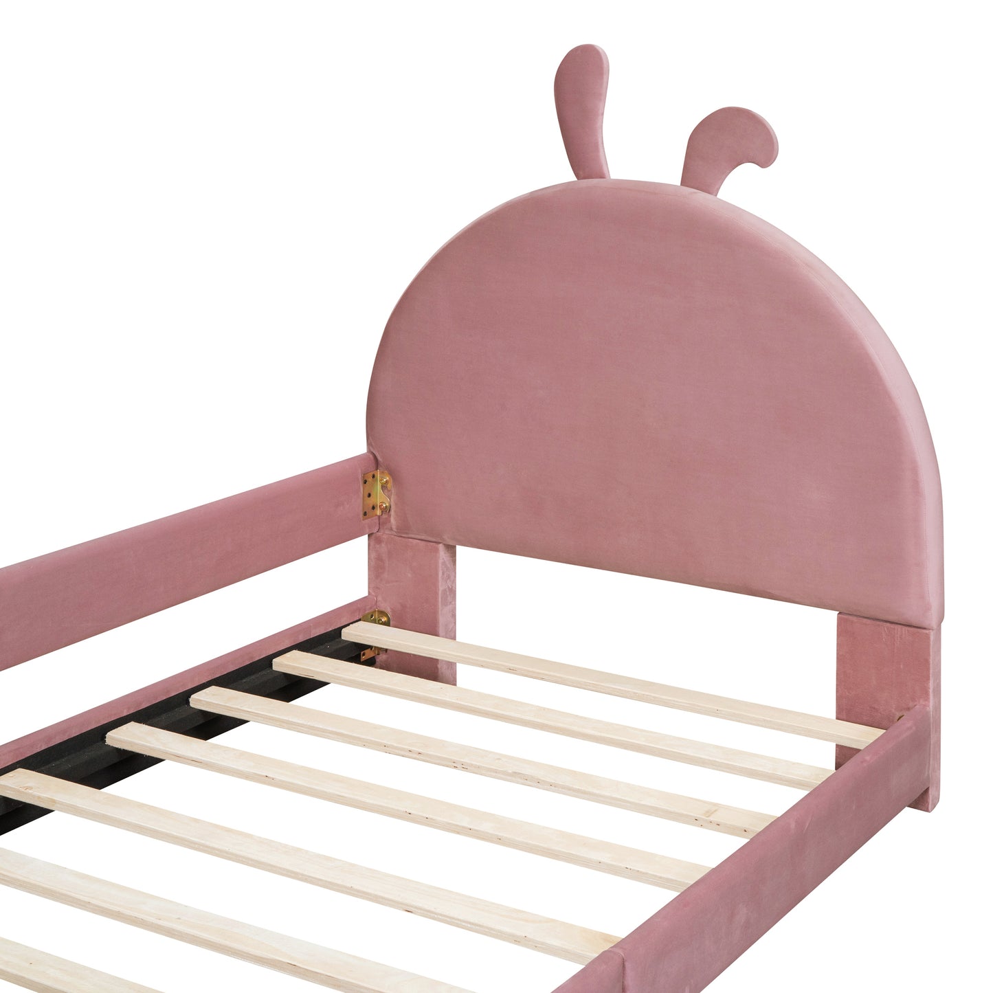 Pink velvet twin bed frame with whimsical bunny ear headboard