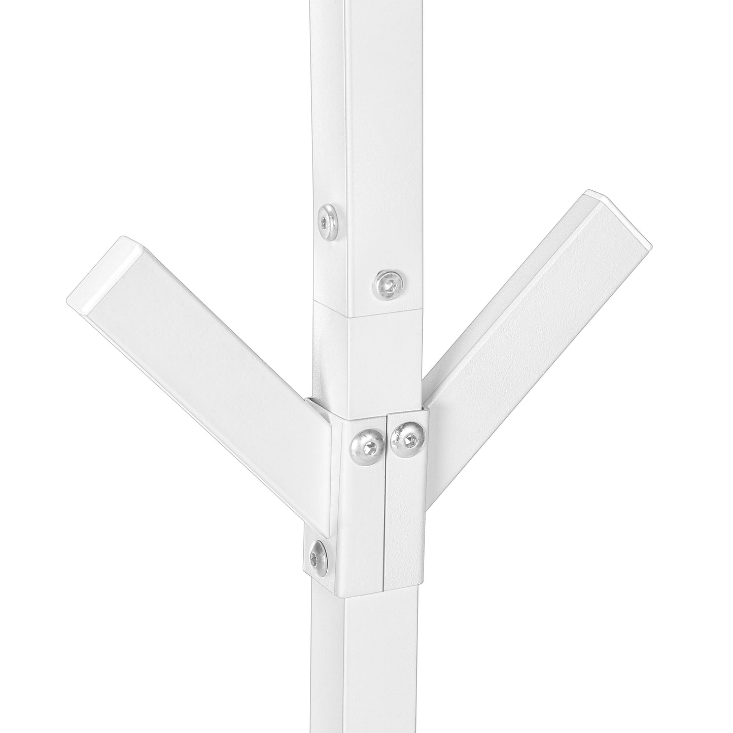 White metal coat rack pole detail with three arms and visible screws