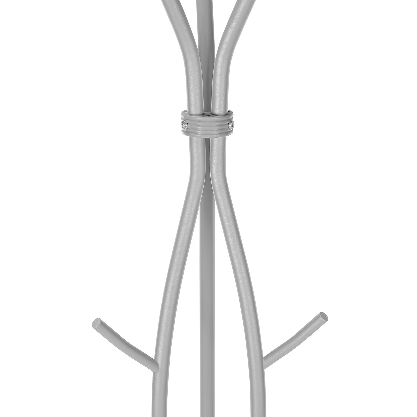Modern silver metal coat rack with curved arms and subtle accent rings