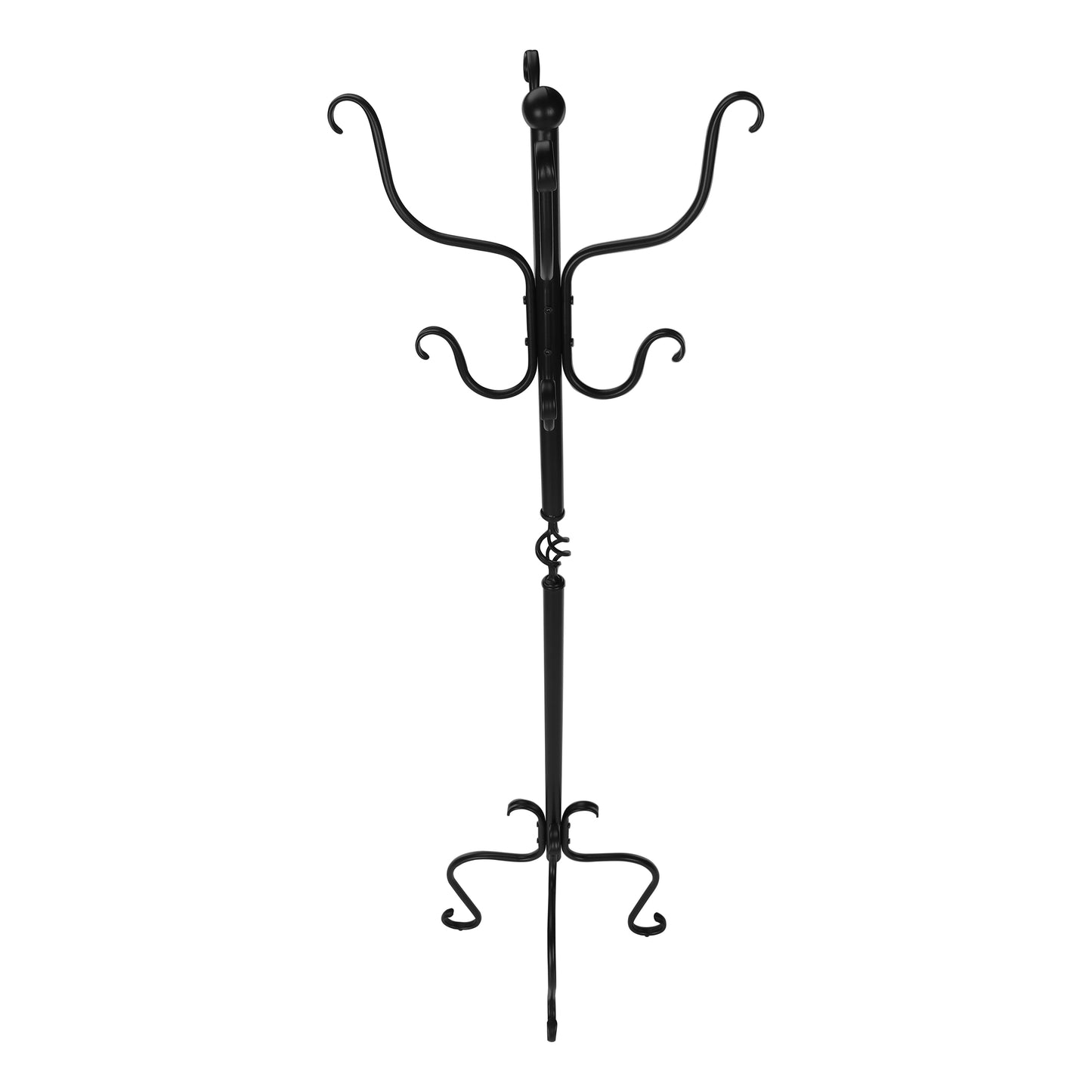 Black wrought iron coat rack with ornate scrollwork and five curved hooks for hanging items