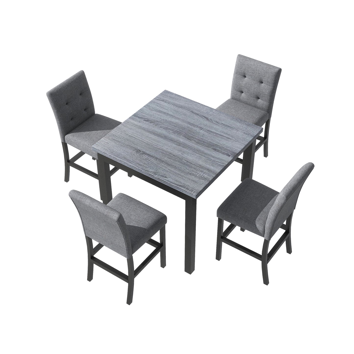 Gray fabric dining set with tufted chairs and weathered wood table