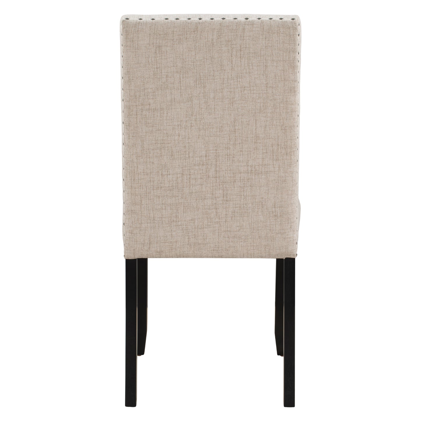 Cream upholstered dining chair with nailhead trim and dark wood legs