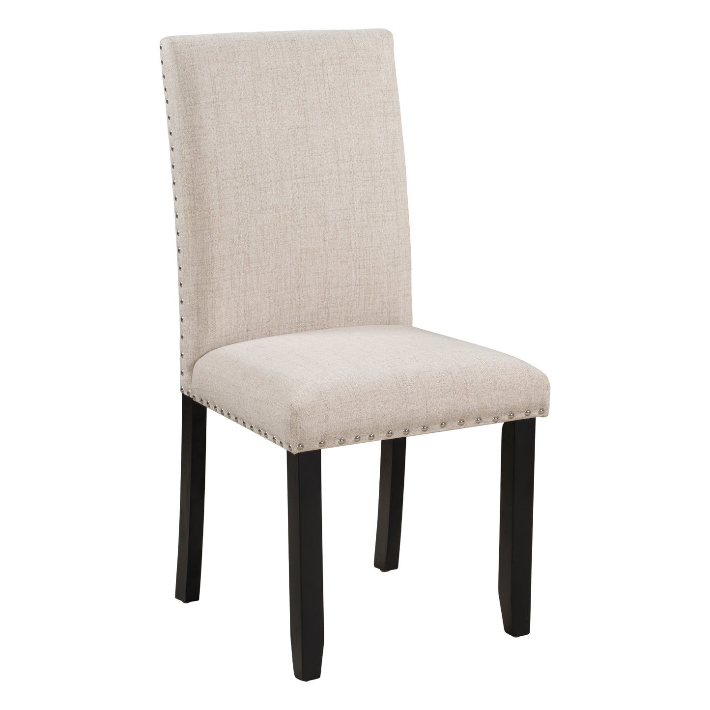 Beige upholstered dining chair with silver nailhead trim and dark wood legs