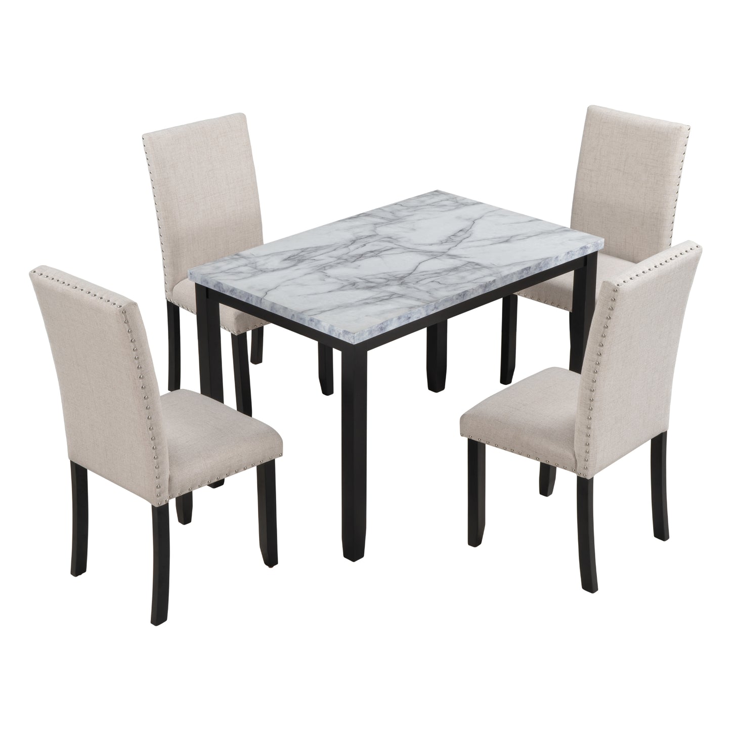 Marble top dining table with four beige upholstered chairs