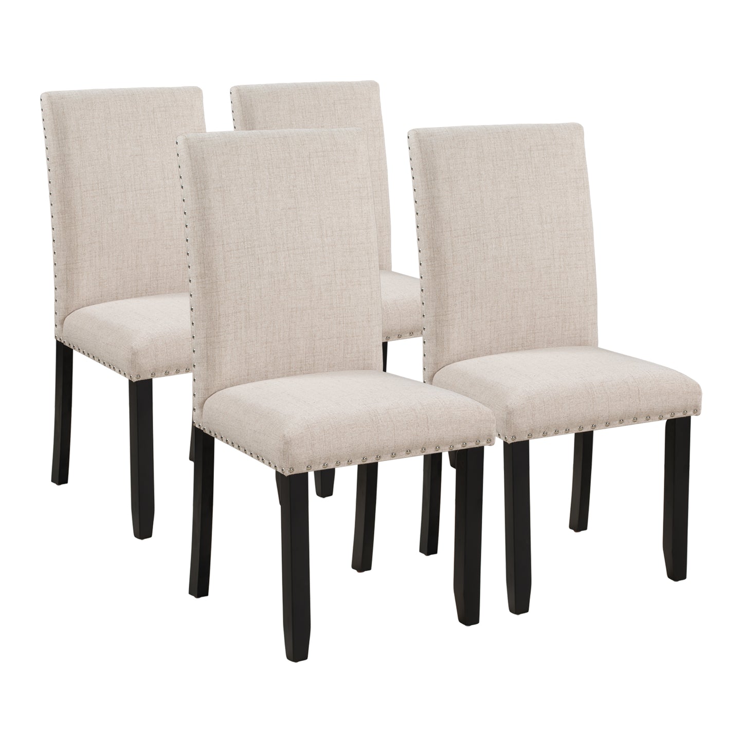 Set of four beige upholstered dining chairs with black legs and silver nailhead trim