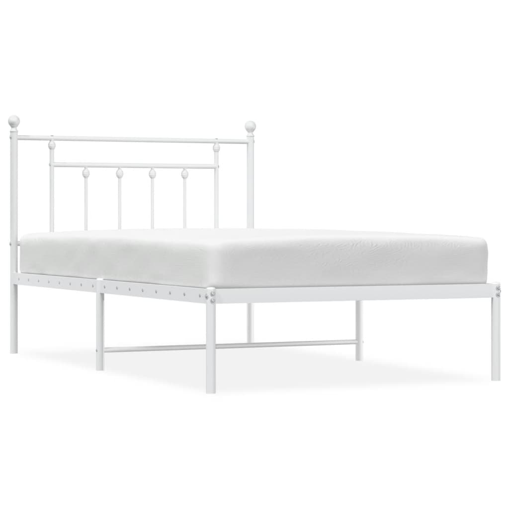 White metal bed frame with a slatted base and decorative headboard and footboard cm length