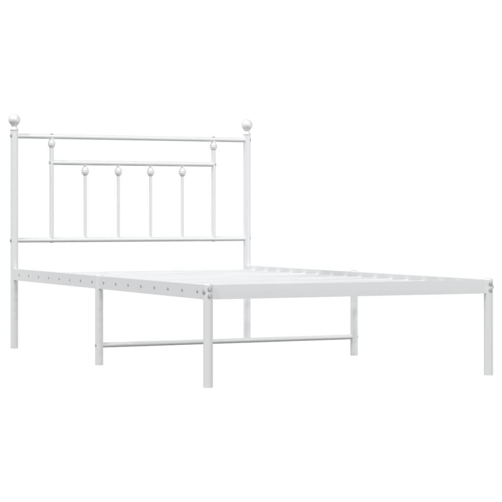 White metal bed frame with a simple headboard design and a mattress