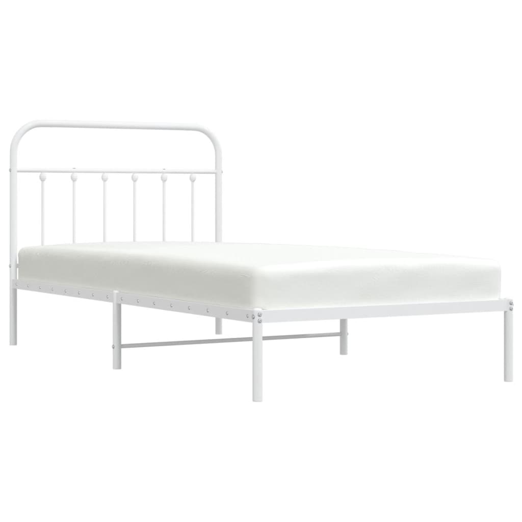 White metal twin bed frame with rounded headboard